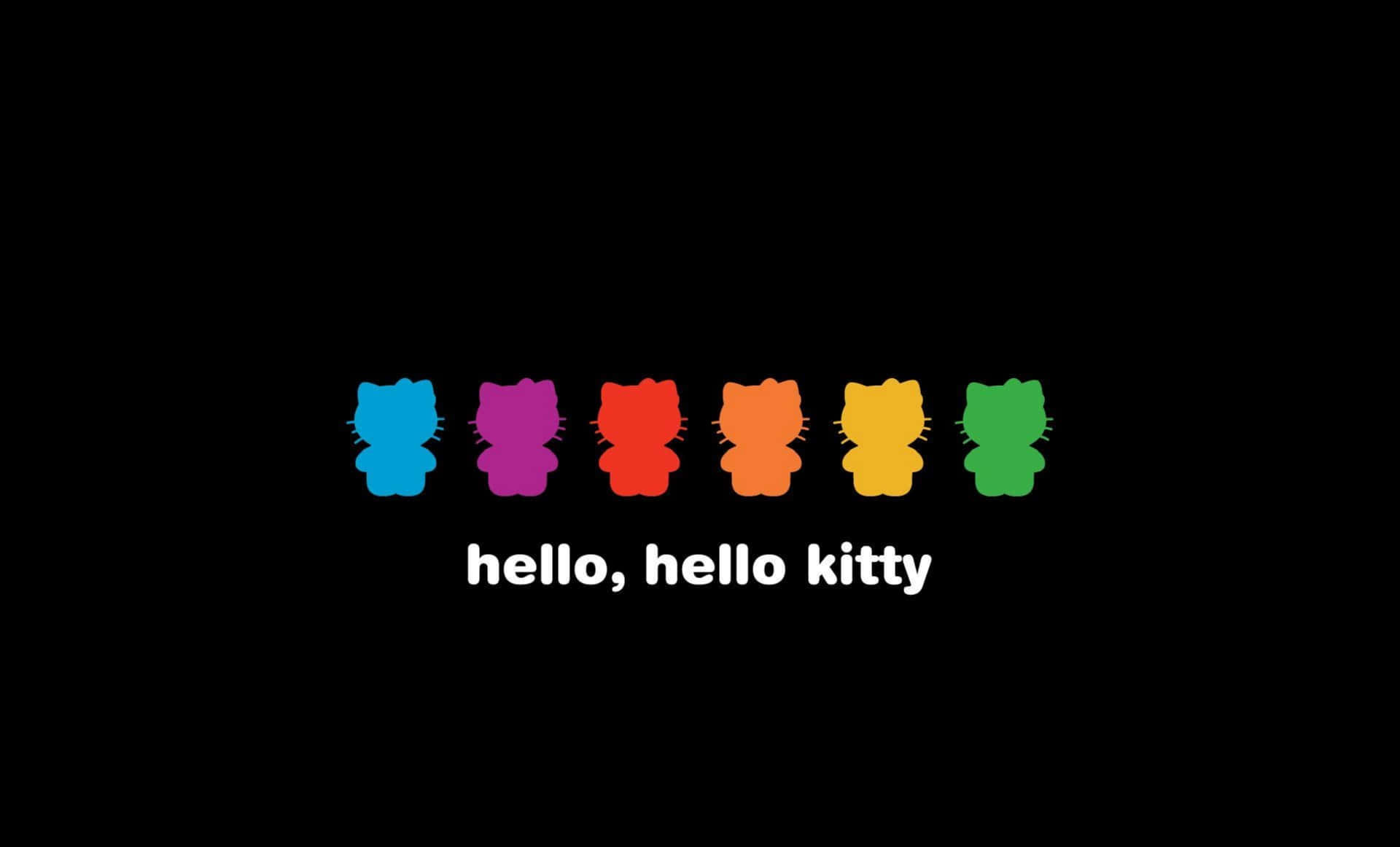 六個色彩繽紛的Hello Kitty剪影按彩虹順序排列在黑色背景上，帶有白色文字。