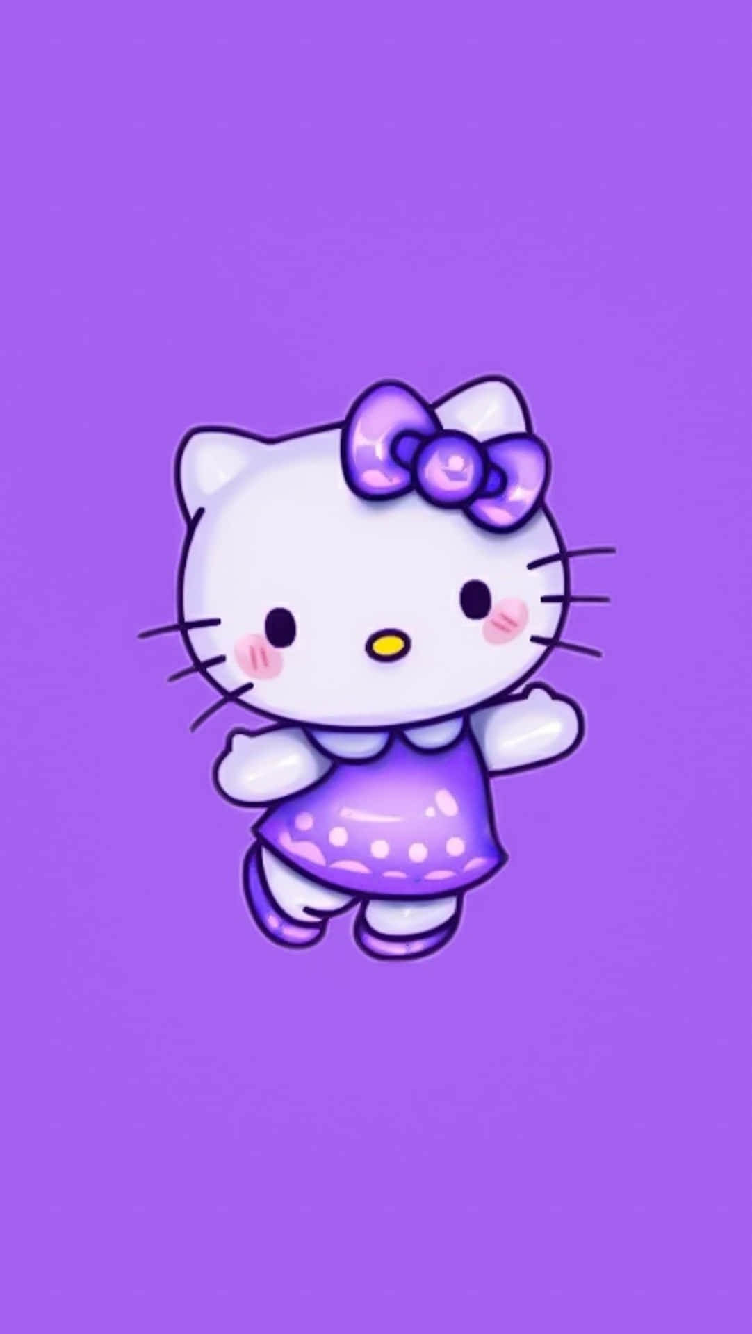 與Hello Kitty一起陷入可愛過載！ 壁紙 — 一隻可愛的白色卡通貓，戴著紫色蝴蝶結和裙子，漂浮在純紫色背景上。