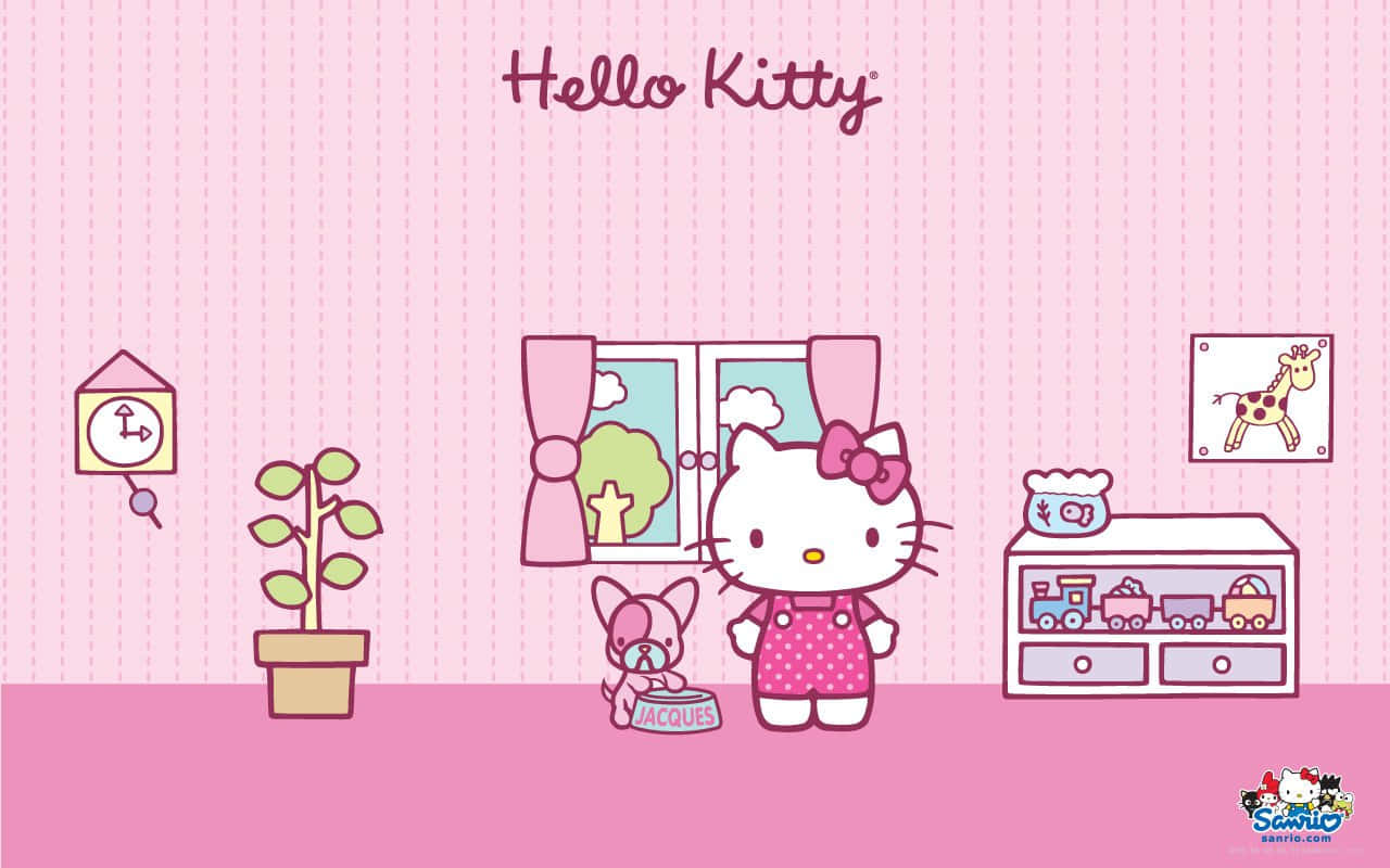 Hello Kitty 同一隻小狗喺粉紅色房間入面，有玩具同窗。