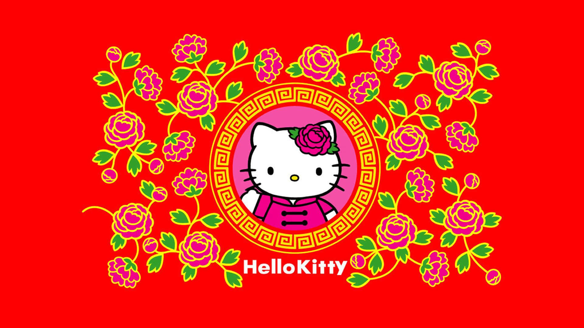 與Hello Kitty共度快樂感恩節 壁紙 — Hello Kitty 穿著傳統粉紅色服裝，以花卉藤蔓環繞在鮮紅色背景上。
