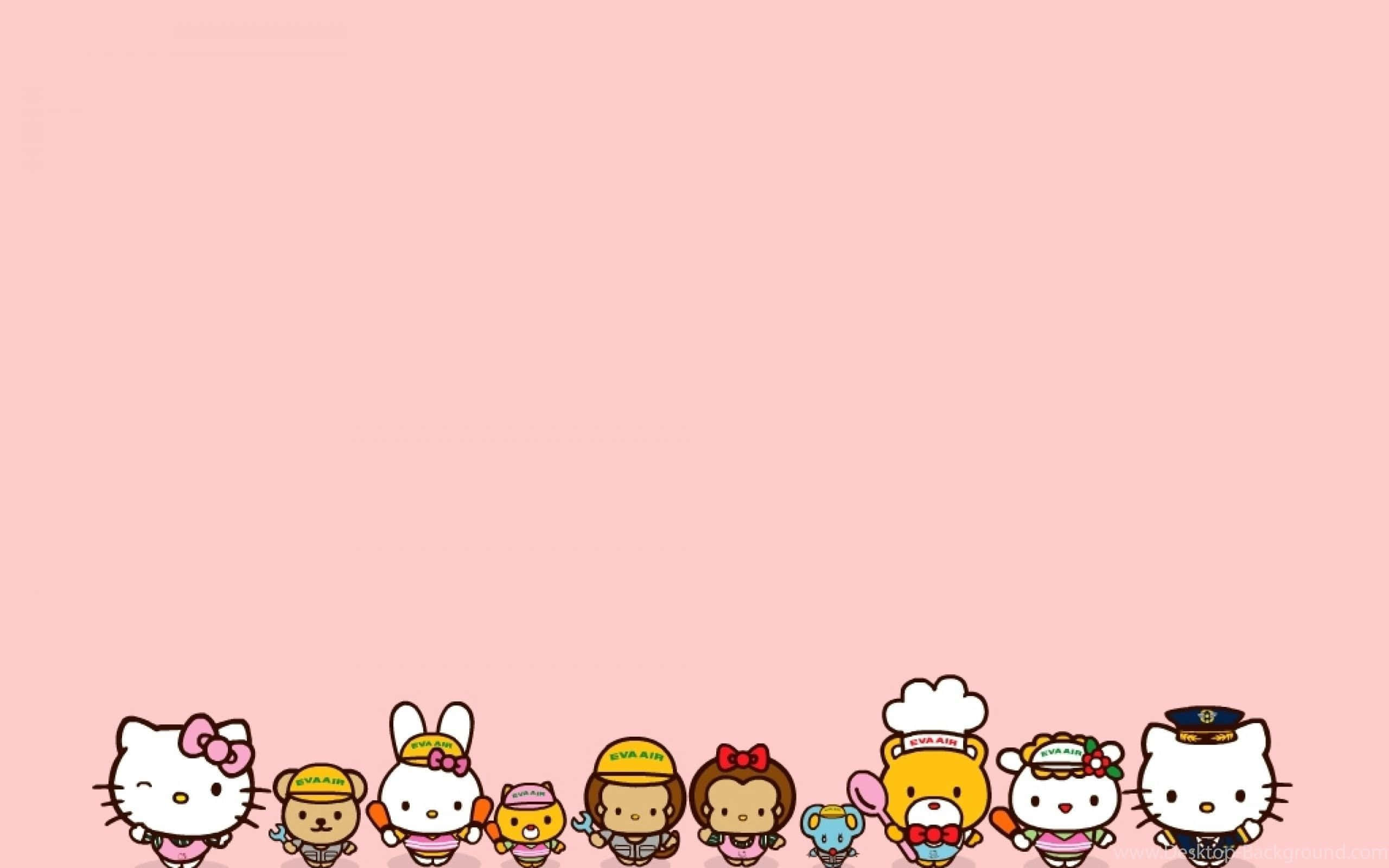 與Hello Kitty共度感恩節 壁紙 — 一排可愛的Sanrio角色穿著各種服裝，排列在柔和的粉紅色背景底部。