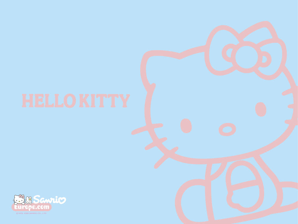 Hello Kitty標誌，粉紅色輪廓，藍色背景。