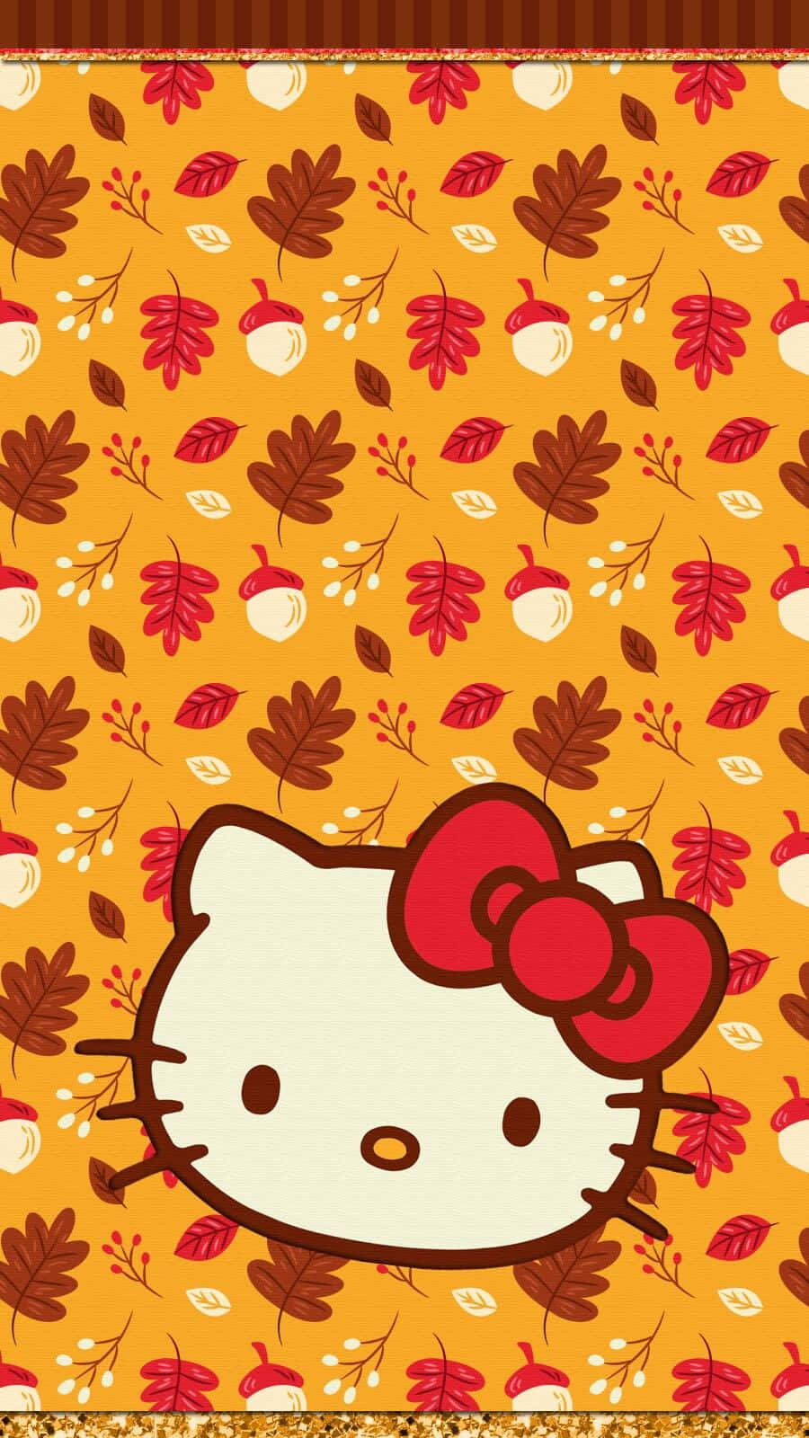 與Hello Kitty慶祝感恩節 壁紙 — Hello Kitty 戴住紅色蝴蝶結，喺溫暖橙色背景上嘅秋葉同橡果圖案中探出頭嚟。
