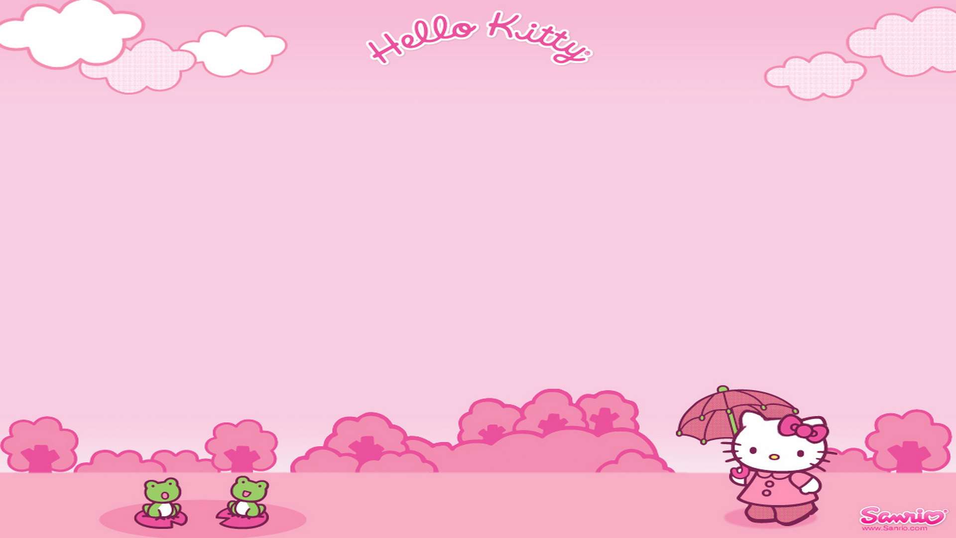 Hello Kitty 同遮同兩隻青蛙喺粉紅色天空下。