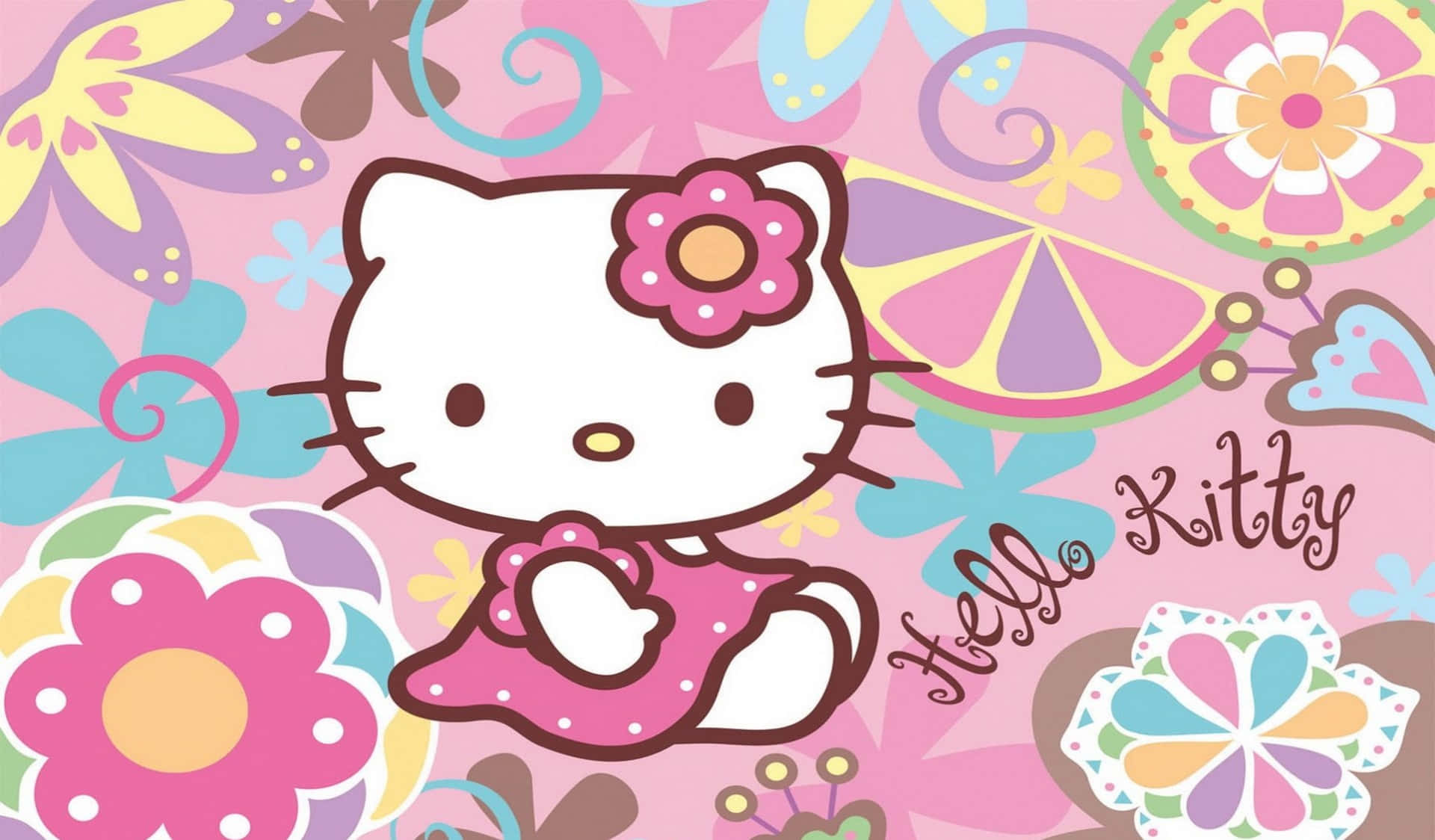 Hello Kitty 卡通角色穿著粉紅色連衣裙，被色彩繽紛的花朵包圍。