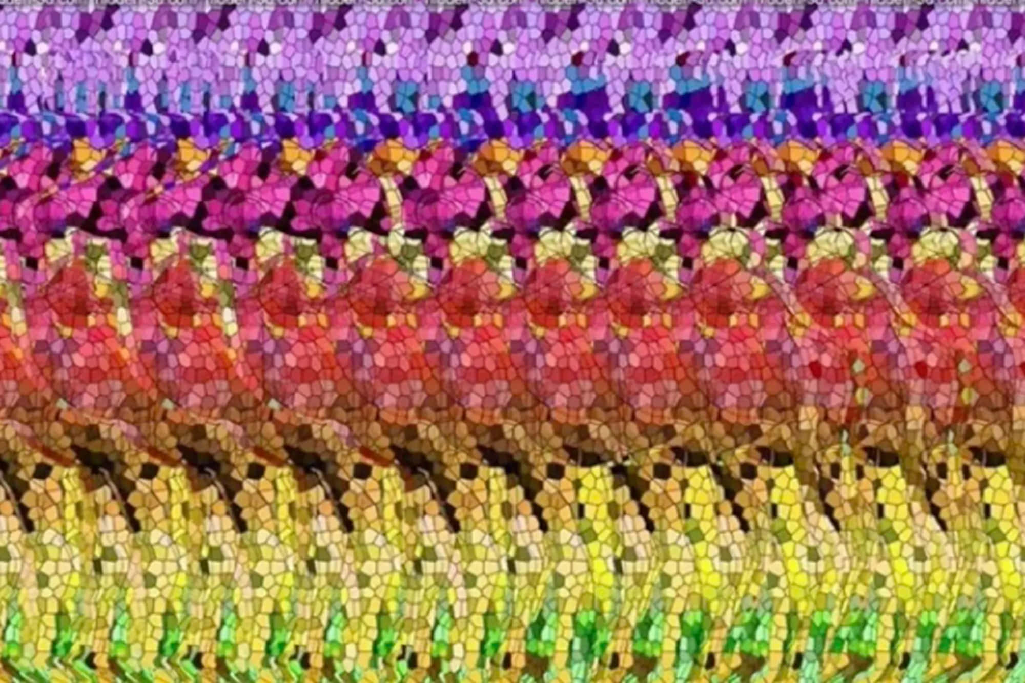 與Hidden 3D一起探索美麗的超現實三維世界！ 壁紙 — 充滿活力的馬賽克圖案，由紫色、粉紅色、紅色和黃色漸變的分層幾何形狀組成。