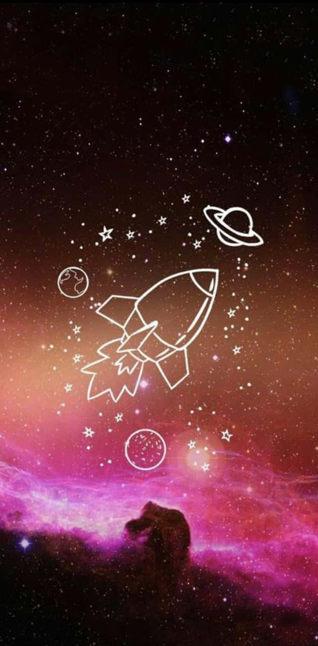 一艘火箭飛船穿越色彩繽紛的宇宙星雲，伴隨著行星和恆星。