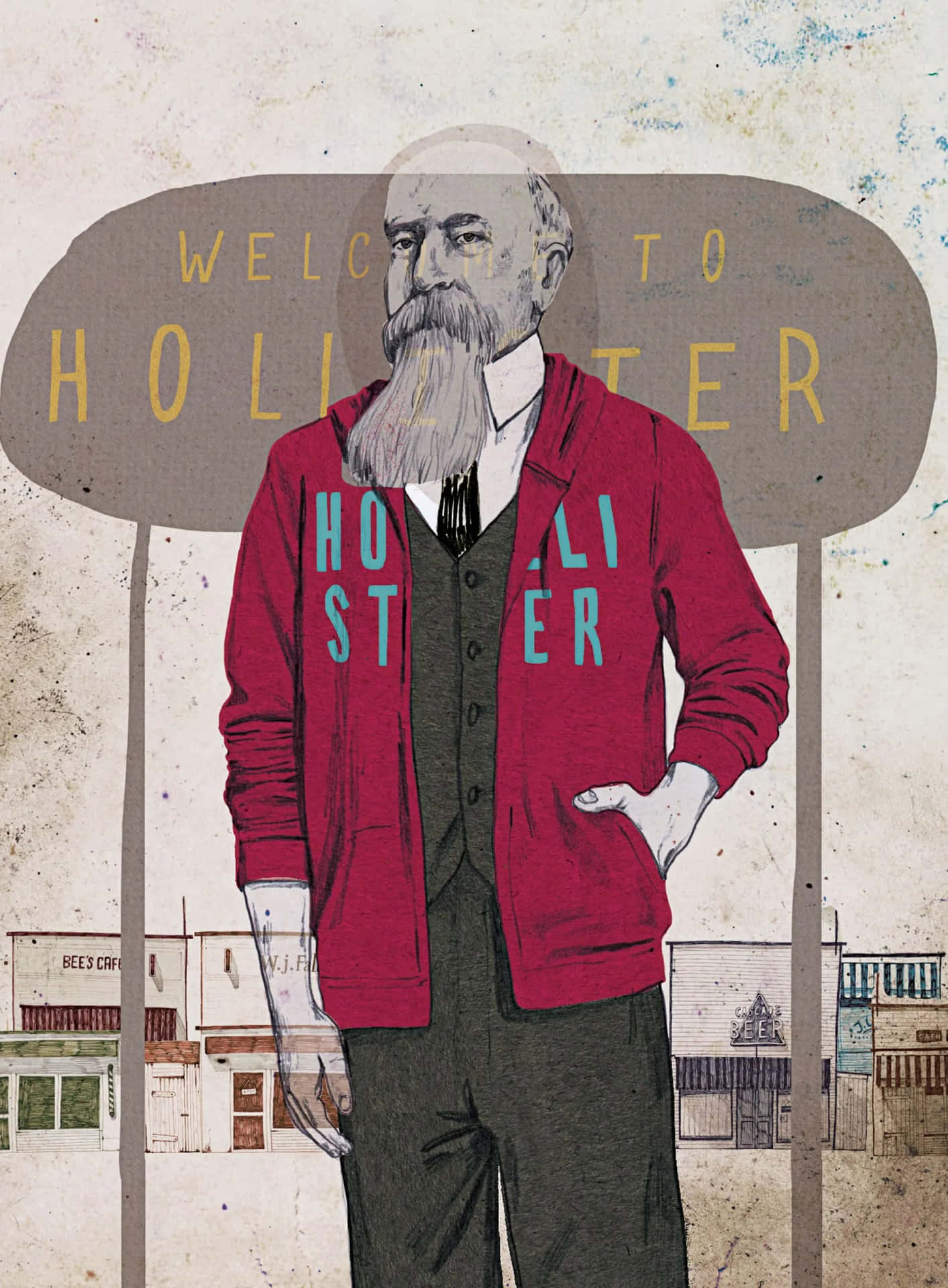 插圖男子穿著紅色Hollister連帽衫，站在小鎮歡迎標誌下。