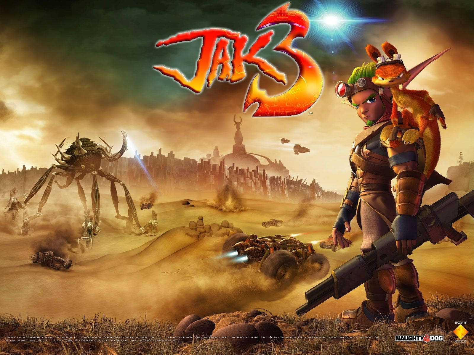 Jak 和 Daxter 在沙漠荒地中，巨大的機械蜘蛛攻擊城市。