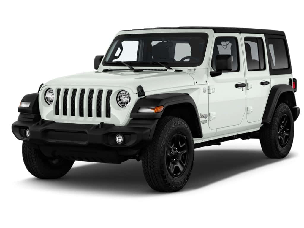 白色Jeep Wrangler，黑色飾邊和輪胎，白色攝影棚背景。