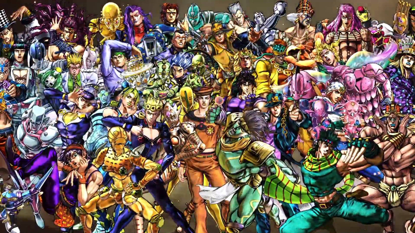 JoJo的奇妙冒險動漫角色以色彩繽紛、充滿動作的群體姿勢呈現。