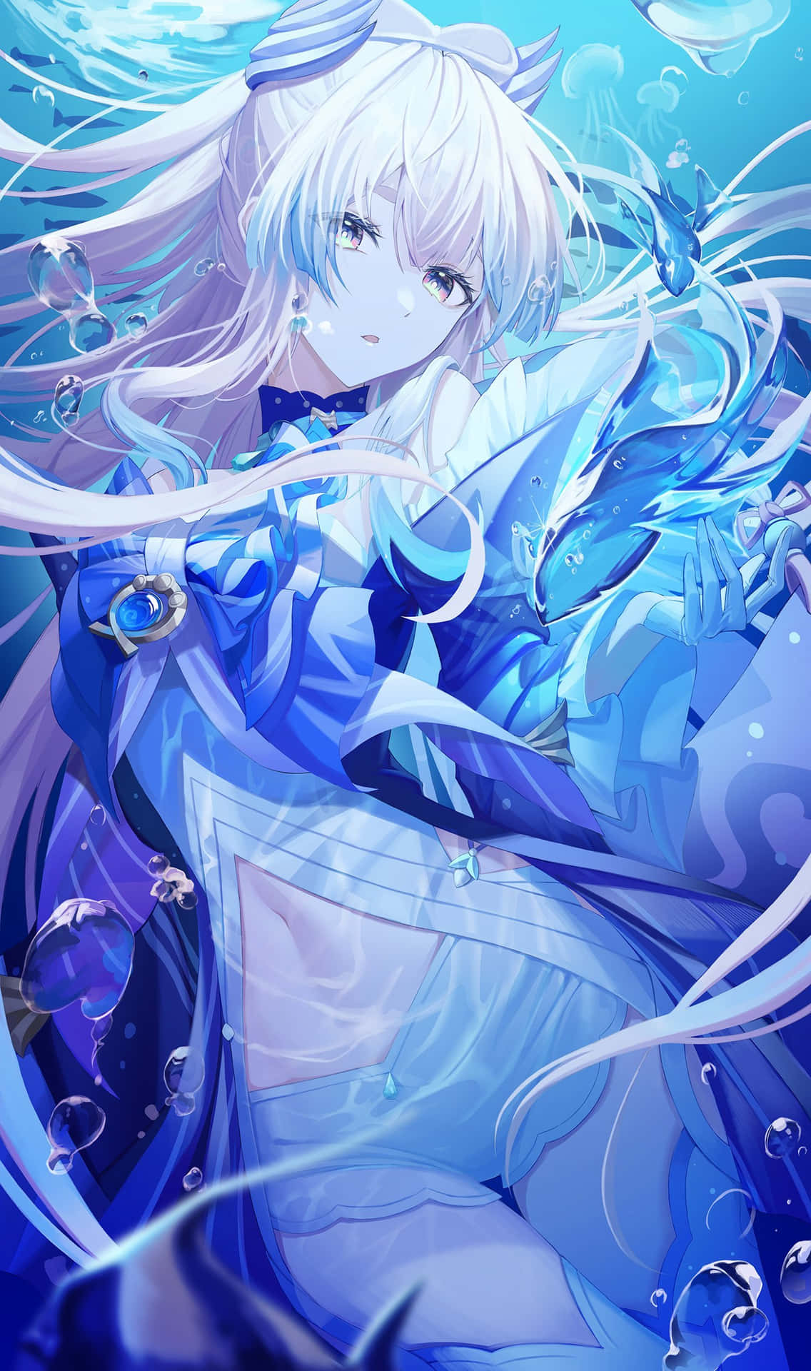 動漫女孩，白髮藍裙，漂浮在水下，伴有氣泡。