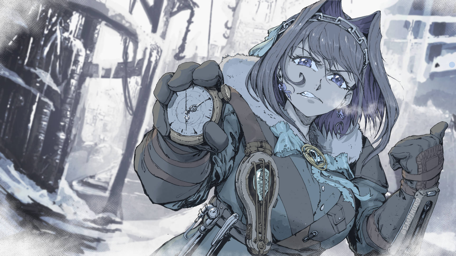 貓耳動漫女孩在雪地廢墟城市中拿著指南針。