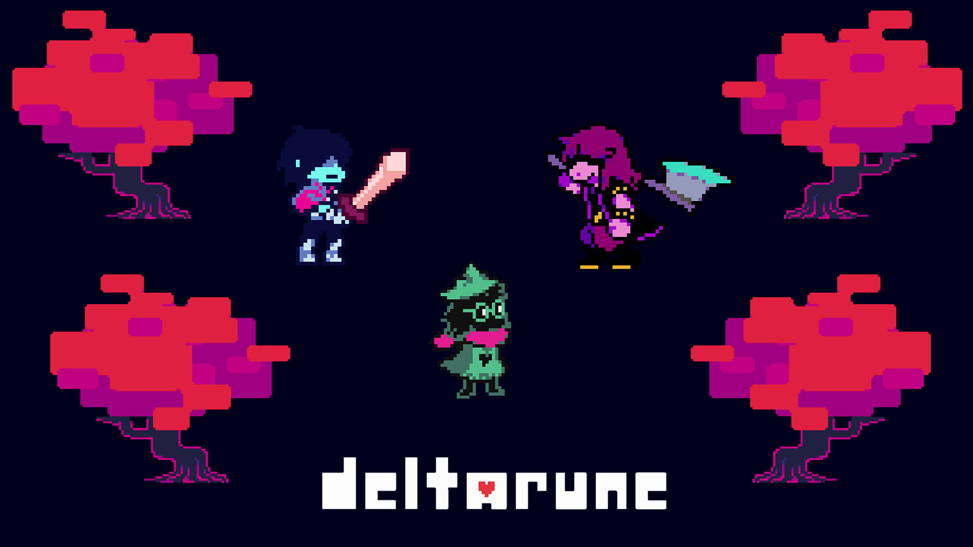 夜晚被紅樹包圍的 Deltarune 像素角色。