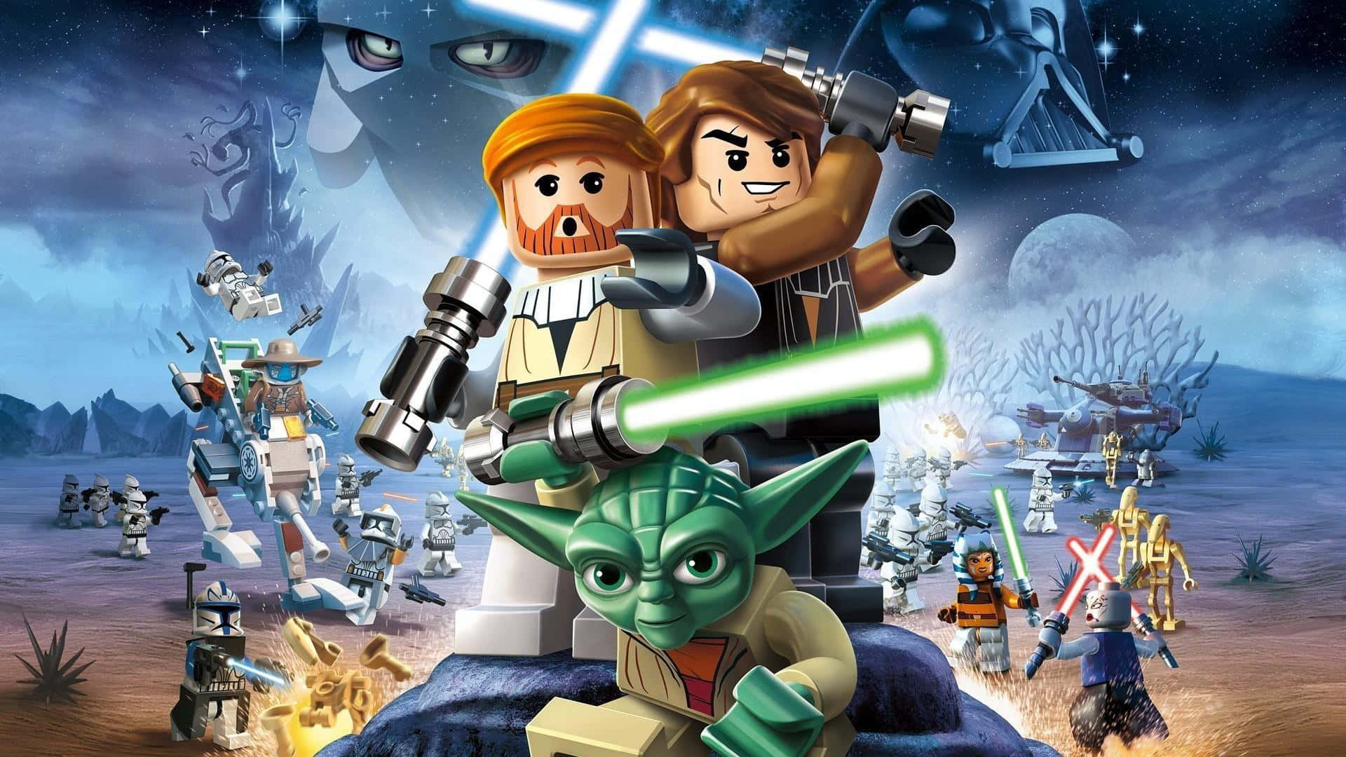 在沙漠戰鬥場景中戰鬥的 LEGO Star Wars 角色。