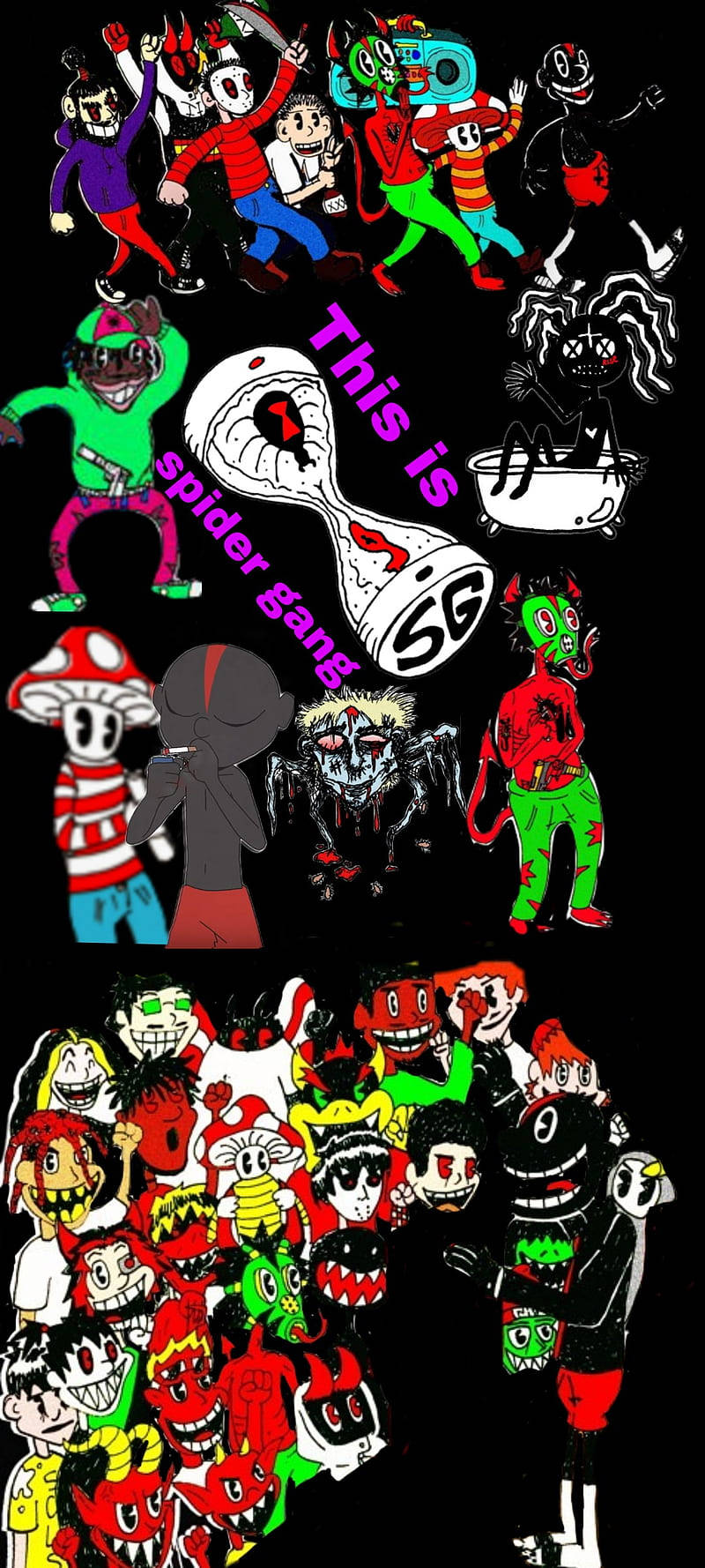 一群表情狂野、色彩鮮豔的卡通怪物。
