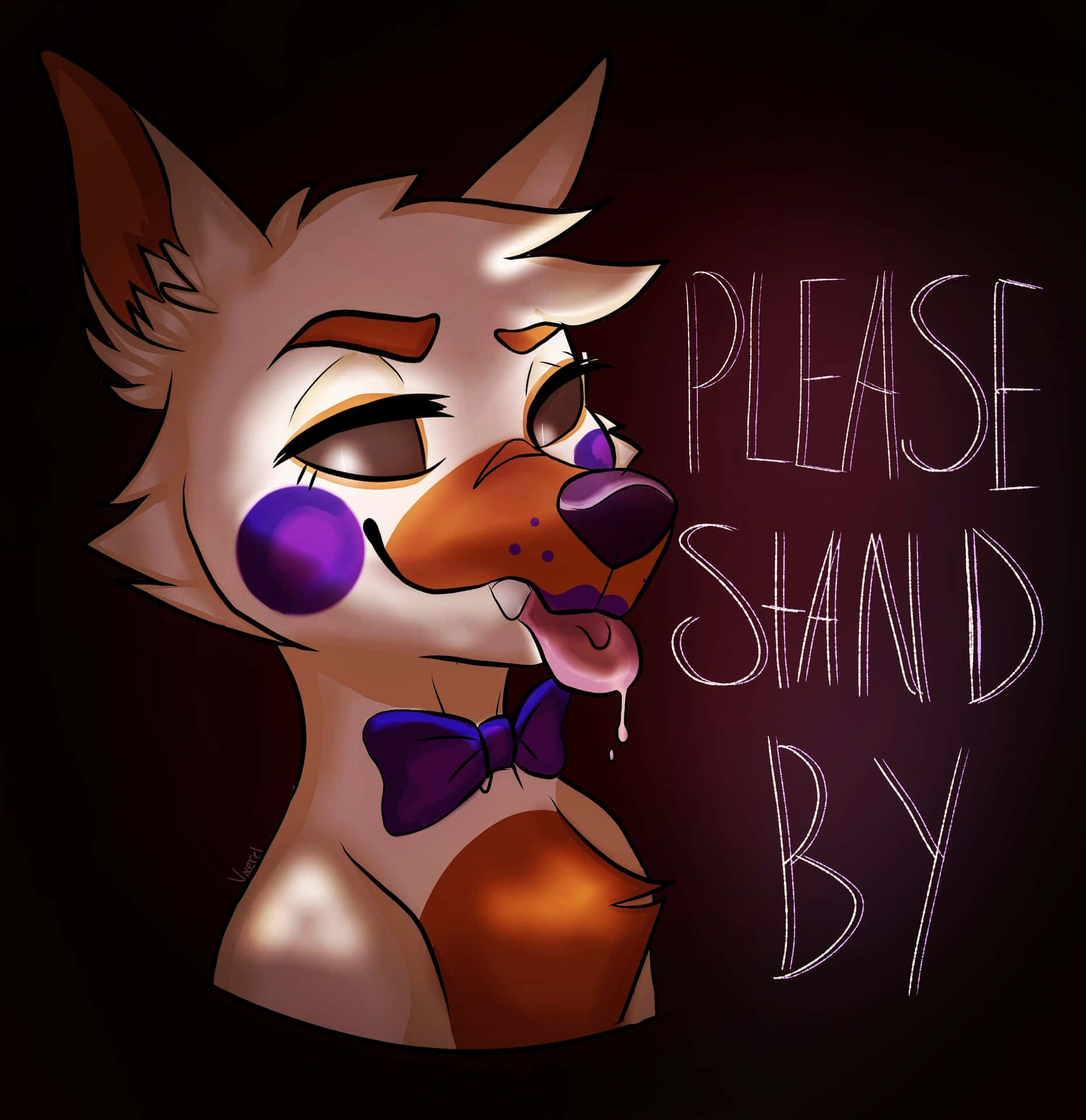一隻卡通狐狸，化著紫色妝容、戴著蝴蝶結，在「PLEASE STAND BY」文字旁邊舔嘴唇。