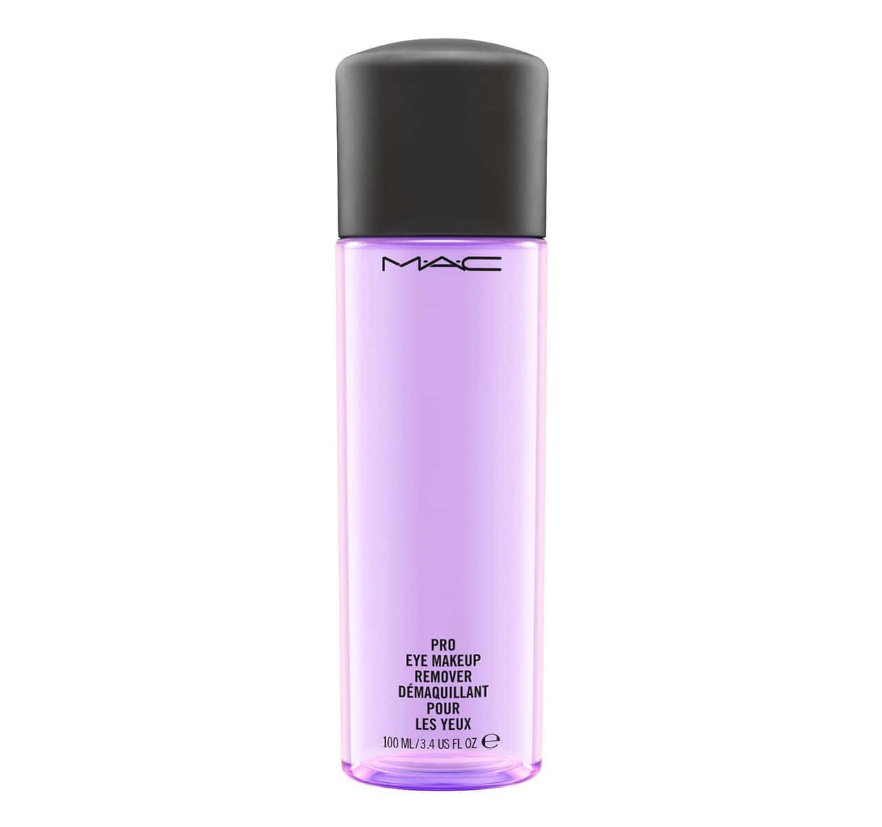 白色背景上，MAC Pro Eye Makeup Remover瓶子，紫色液體和黑色蓋子。