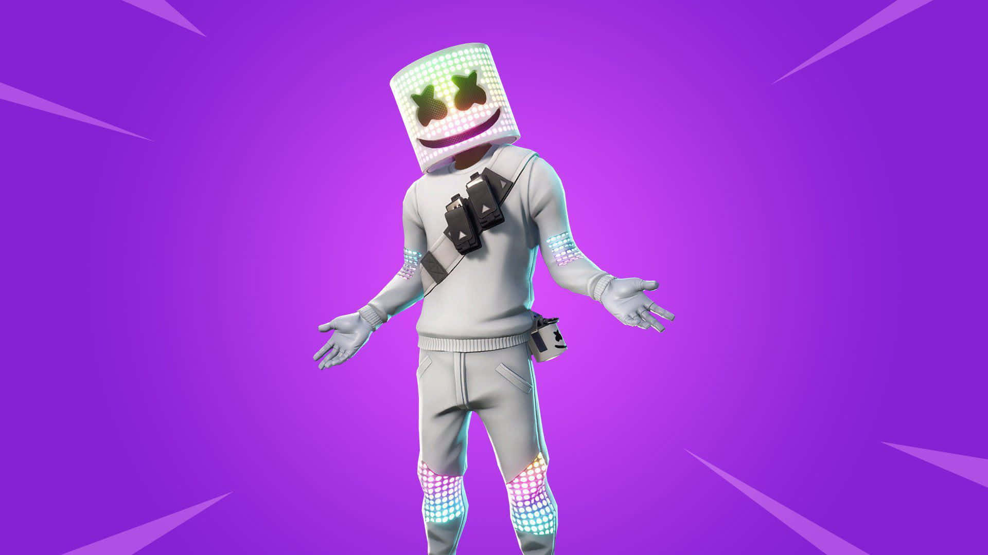 Fortnite角色身穿白色服裝，戴著發光棉花糖頭盔，背景為紫色。