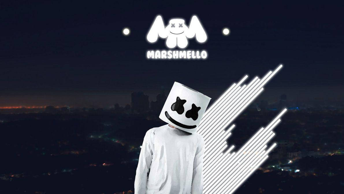 Marshmello 身穿白色西裝和頭盔，俯瞰夜晚的城市燈光，伴隨著發光光束。