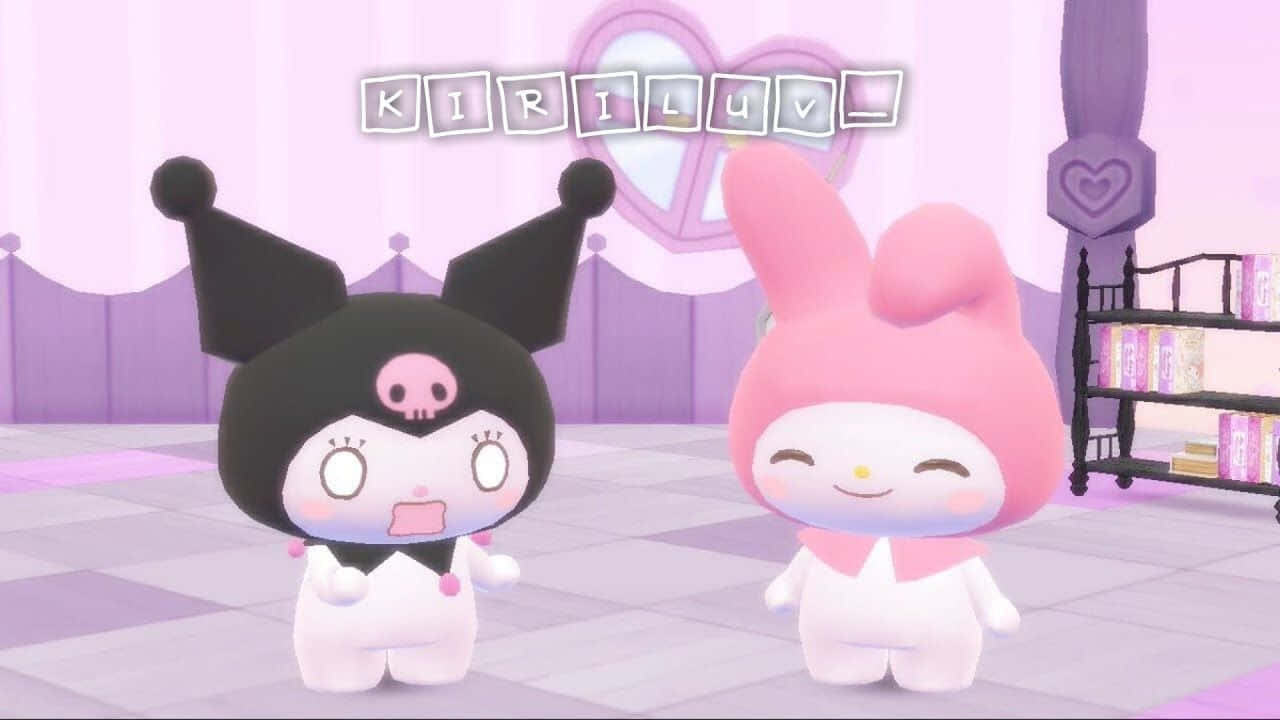 與My Melody一起慶祝你內心的小孩！ 壁紙 — 兩個可愛的動漫角色 My Melody 和 Kuromi 站在一個帶有心形裝飾和書架的粉紫色房間裡。
