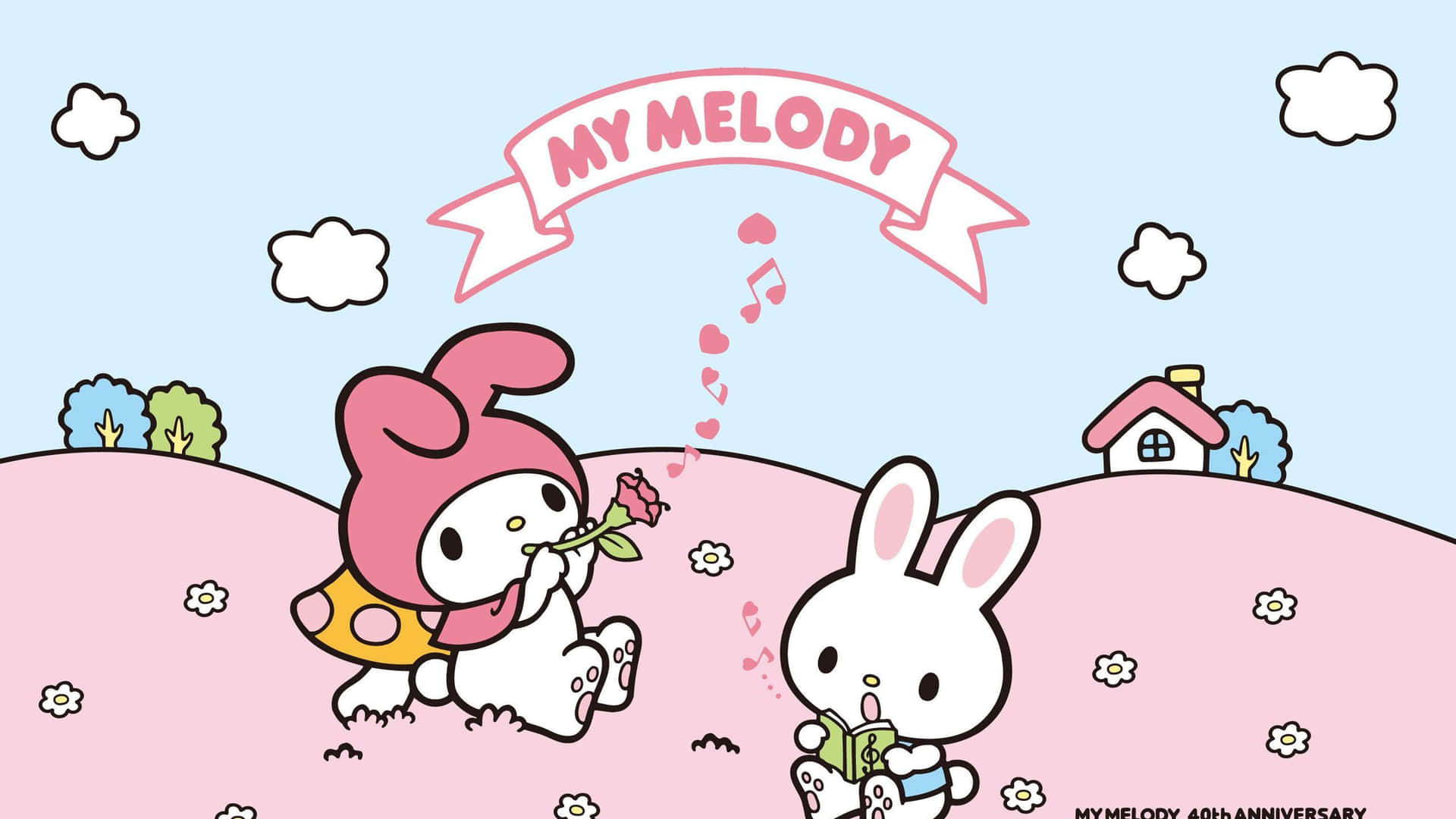 與My Melody共享生活的甜美 壁紙 — My Melody 同白兔仔坐喺粉紅色山丘上，下面係淺藍色天空有雲同寫住 My Melody 嘅橫額。