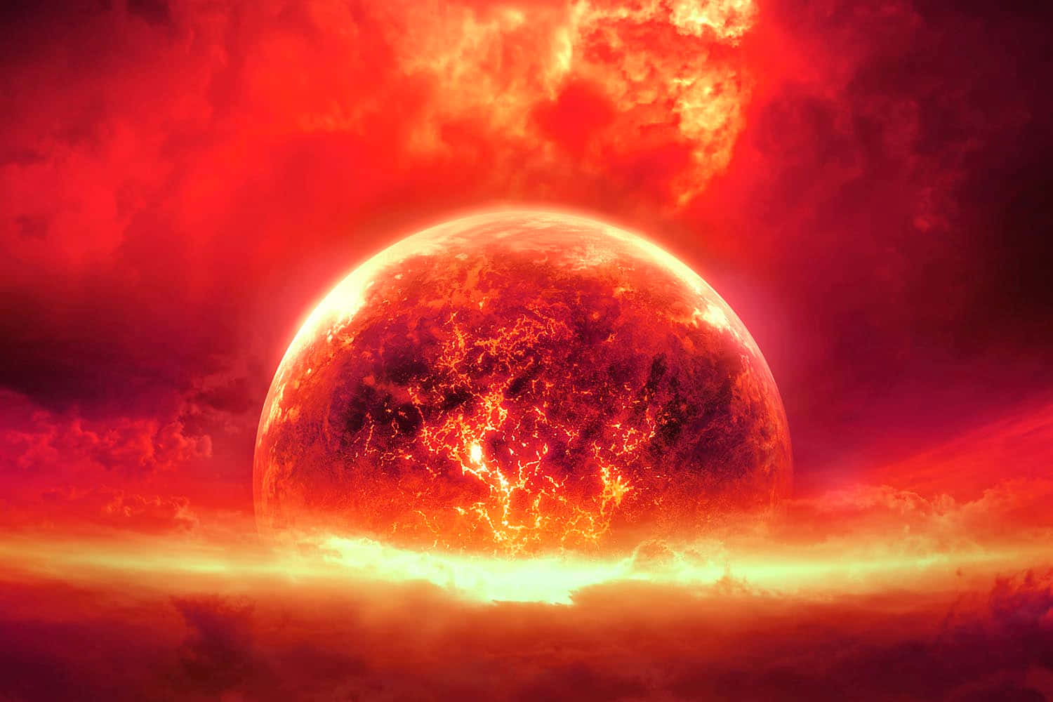 一顆帶有發光熔岩裂縫的熔融行星升起在熾熱的紅色天空之上。