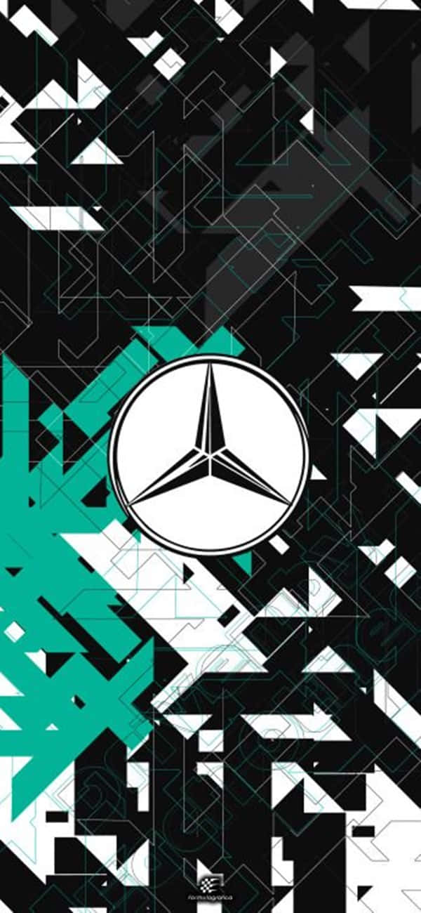 與Pixel 3 Grid Autosport一起陷入賽道癥結！ 壁紙 — 一款大膽的幾何牆紙，中央是平治標誌，周圍是黑色、白色和藍綠色的抽象形狀。