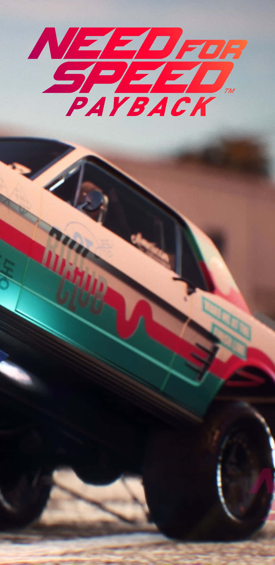 定制肌肉車在沙漠中飛馳，帶有Need for Speed Payback遊戲標題。