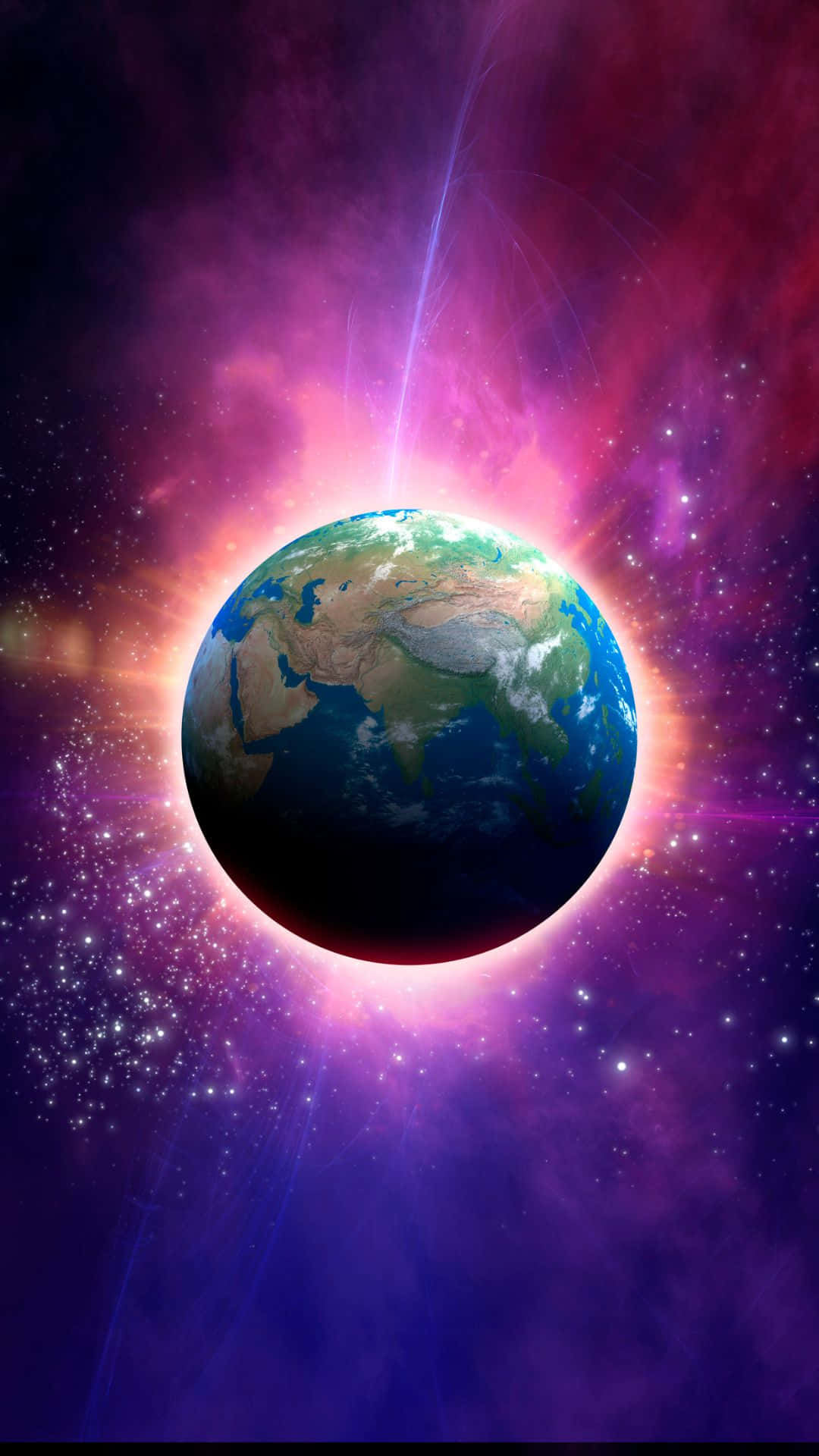 被色彩繽紛的宇宙星雲和星星包圍的行星地球。