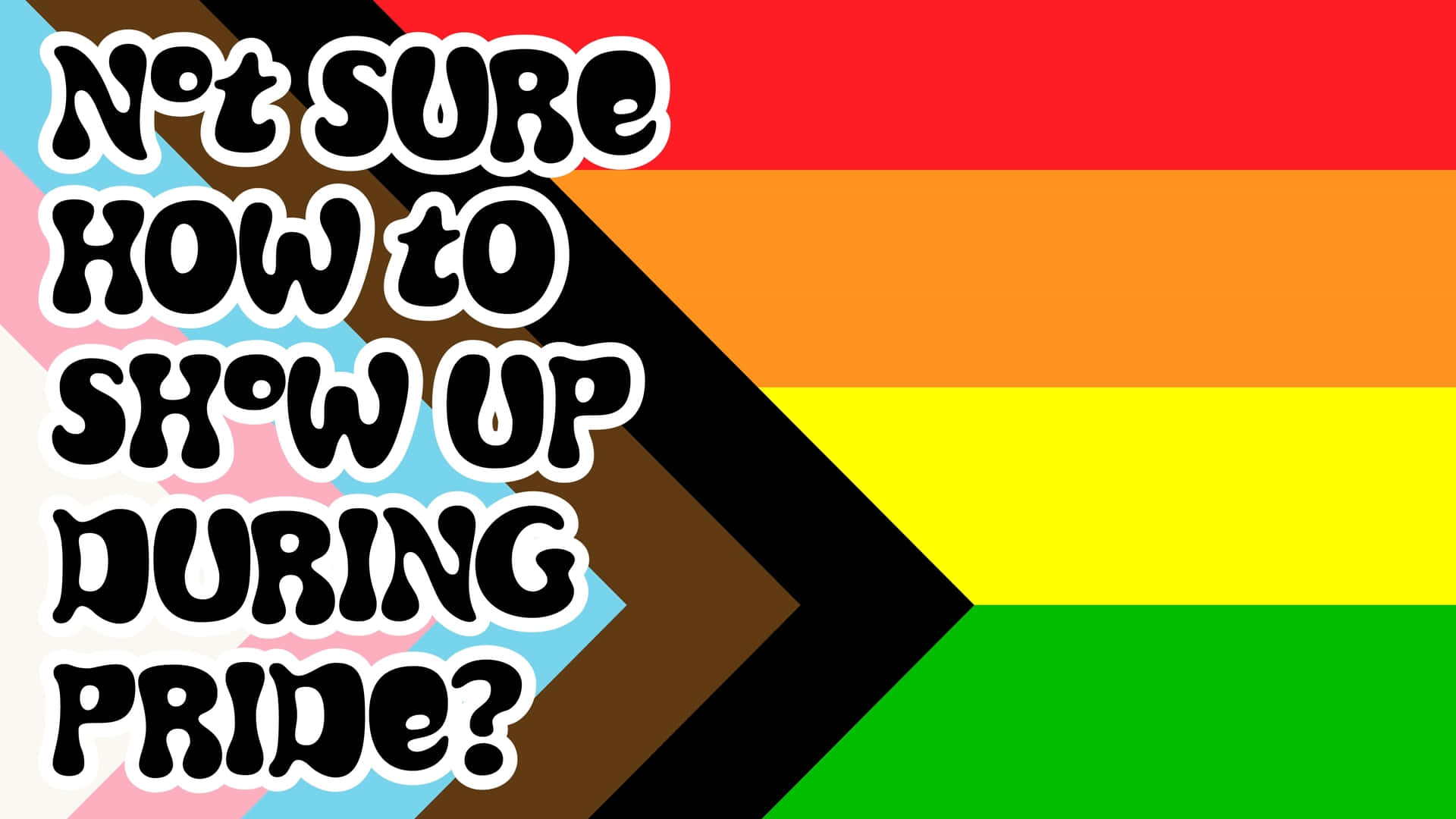 與Pride Zoom一起慶祝驕傲 壁紙 — 粗體文字在充滿活力的彩虹和棕色箭頭背景上問「不確定如何在Pride期間現身？」