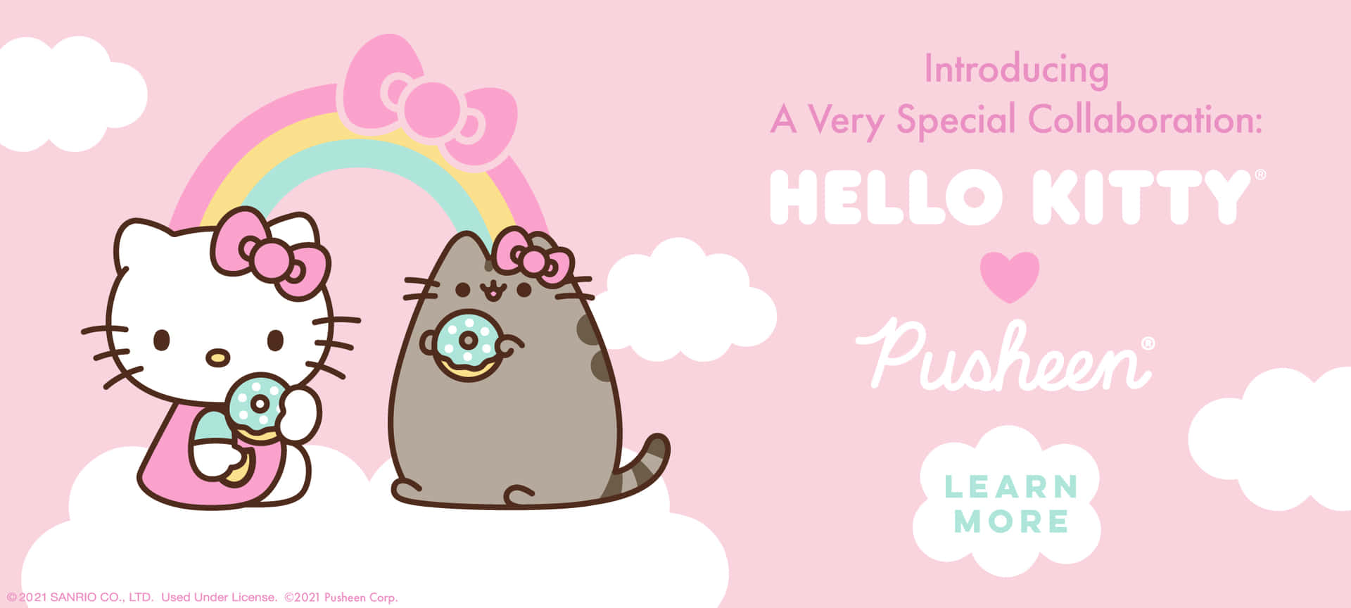 Hello Kitty 和 Pusheen 坐在雲上，在彩虹下拿著冬甩。