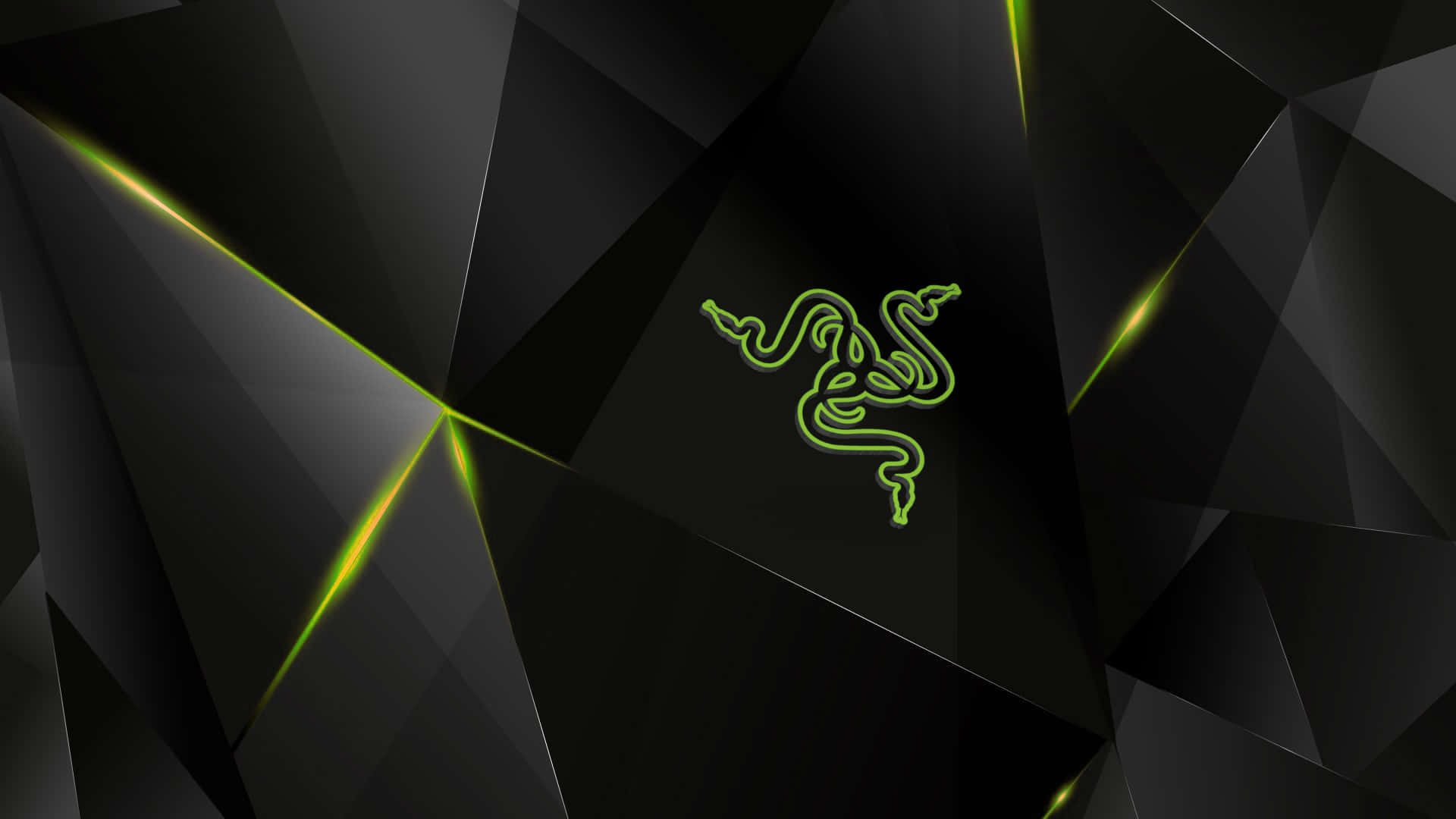Razer標誌發光綠色，襯以黑色幾何背景及光條。