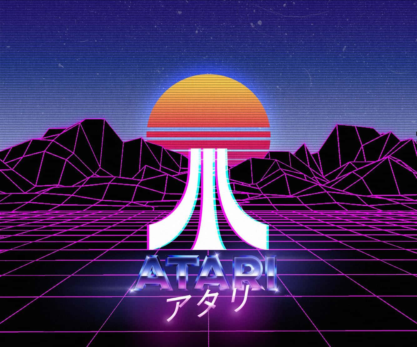 Atari標誌在霓虹網格上發光，背景是幾何山脈的日落。