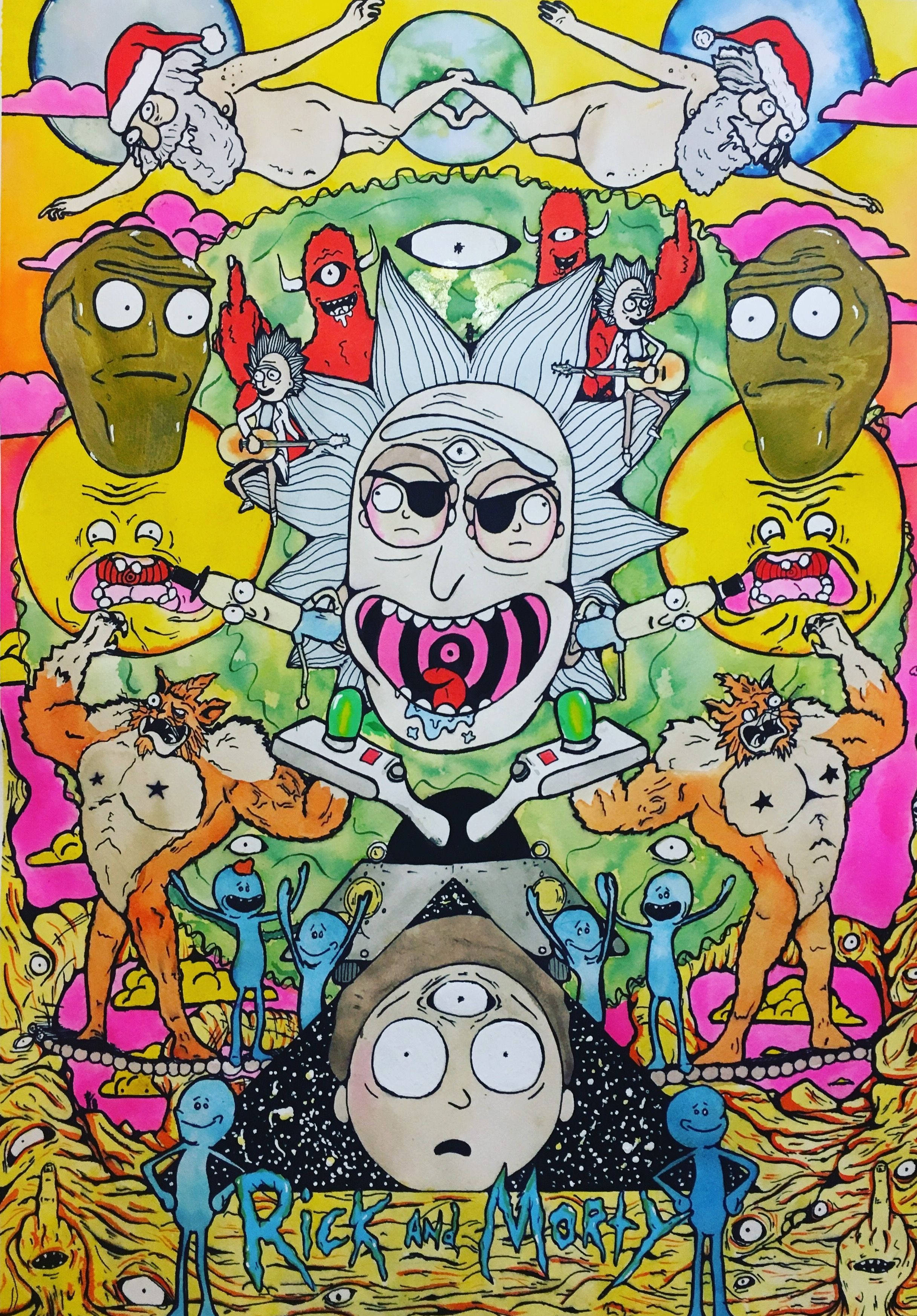 與Rick and Morty一同踏上大麻驅動的瘋狂冒險！ 壁紙 — 一幅混亂、迷幻的插圖，描繪了瑞克和莫蒂被超現實角色和漂浮的頭顱包圍，色彩鮮豔。