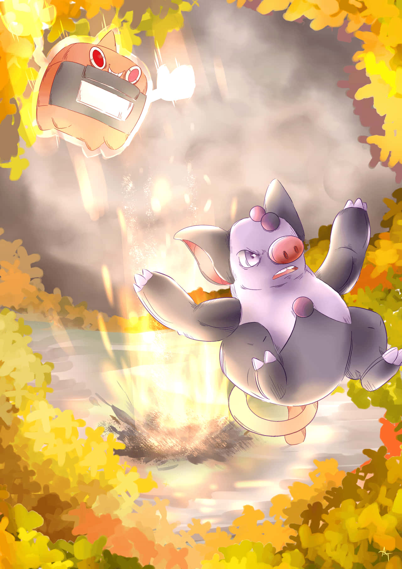 與Rotom Heat共處的格拉比 壁紙 — 一隻紫色豬狀嘅小精靈帶住堅定嘅表情跳過金色嘅秋天森林，而一個機械敵人喺熾熱嘅爆炸上面盤旋。