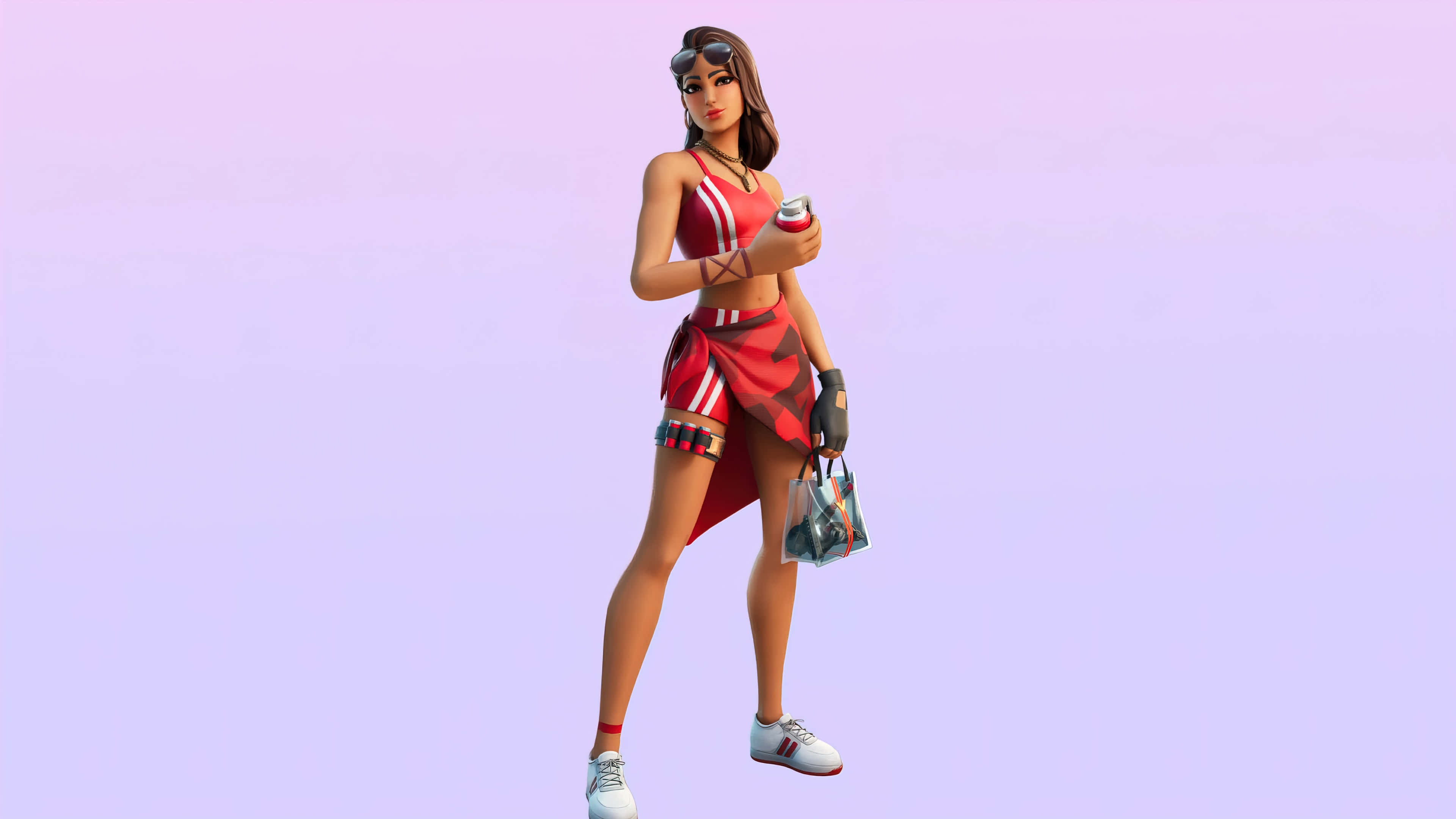 與Ruby Fortnite皮膚一同探索超空間 壁紙 — 一位風格化的女性遊戲玩家穿著紅色運動服，在柔和的薰衣草背景前拿著飲料和包包。