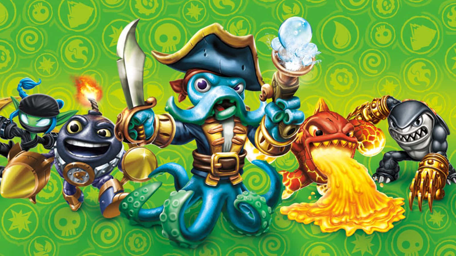五個Skylanders角色穿著海盜裝備英勇擺姿勢。