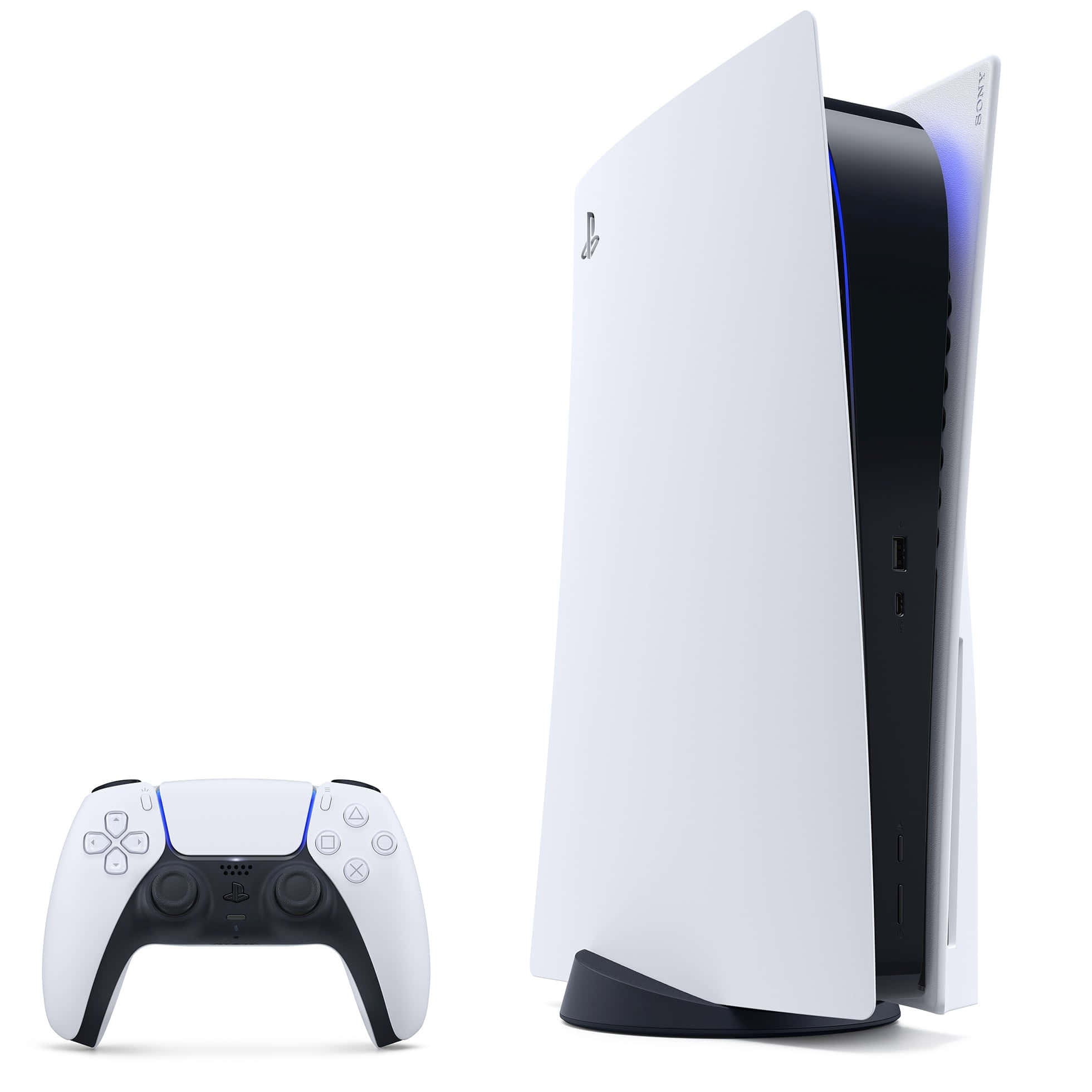 與Sony PlayStation一同乘上遊戲浪潮 壁紙 — 一部時尚的白色PlayStation 5主機帶有藍色LED光芒，旁邊是其匹配的控制器，背景為純白色。