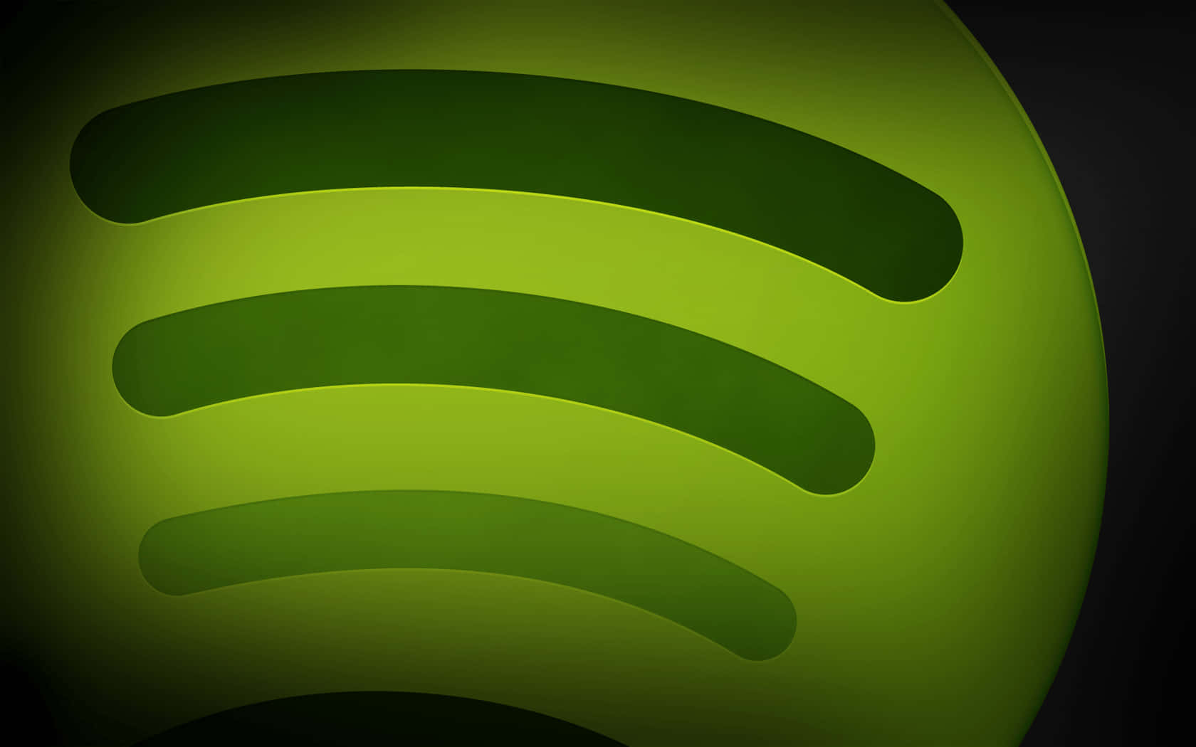 與Spotify一起律動——發現適合你的音樂 壁紙 — 一個發光的綠色Spotify標誌，帶有從明亮中心向黑暗背景輻射的彎曲條紋。