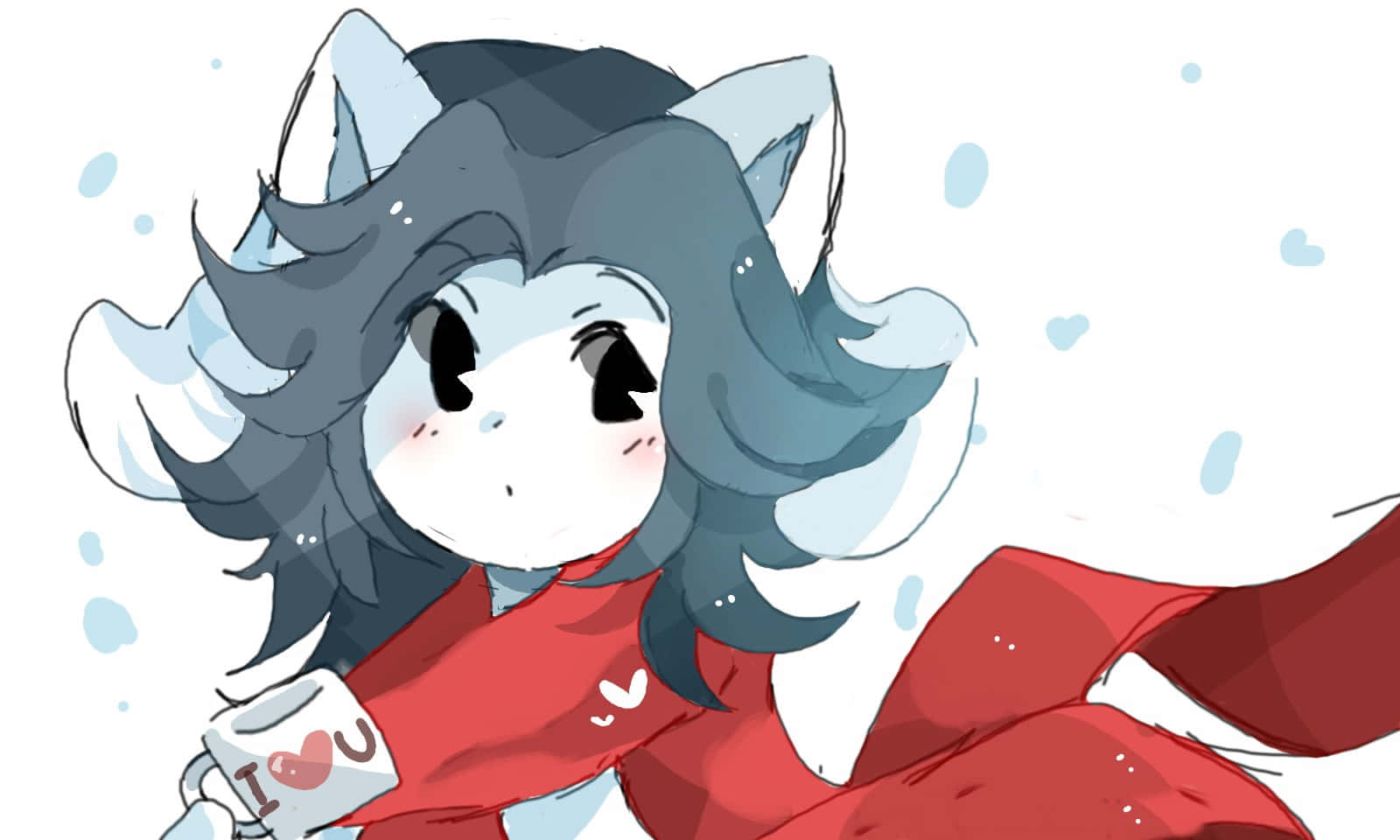 與Temmie一起進入《Undertale》！ 壁紙 — 一個可愛的動漫狐狸女孩，灰色毛皮和紅色圍巾，在飄落的雪花中拿著一個心形設計的杯子。