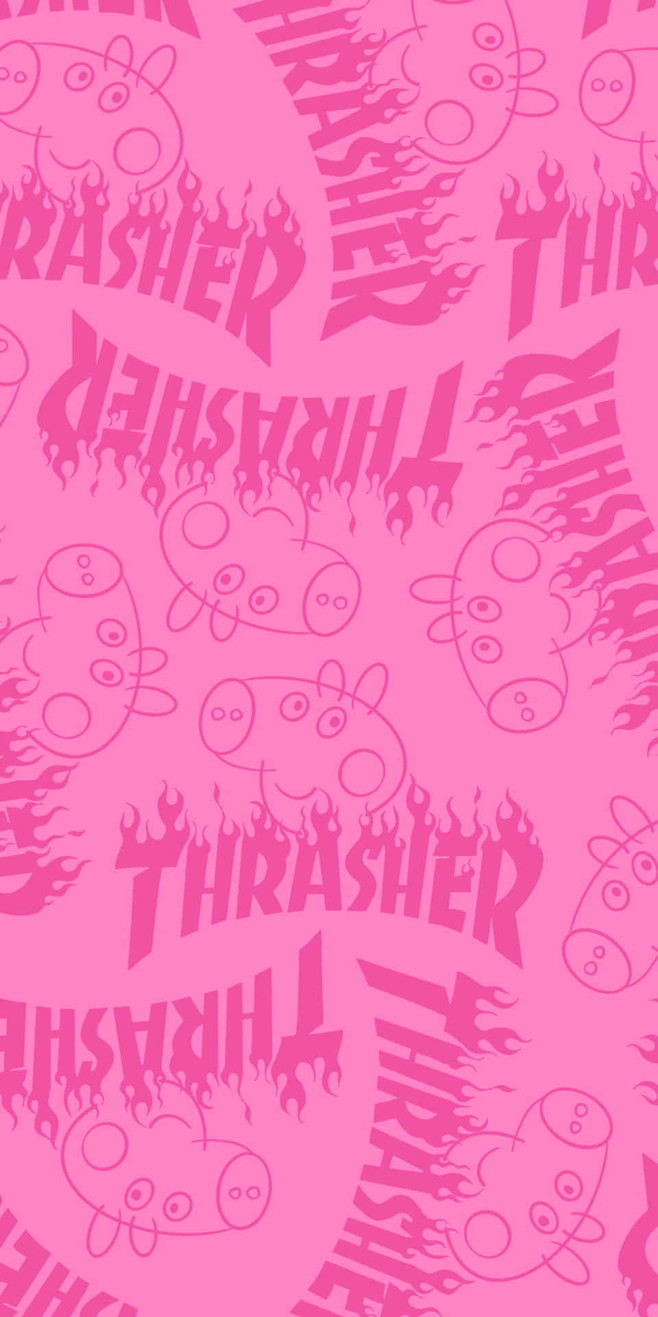 粉紅色牆紙，卡通豬和燃燒的Thrasher標誌以大膽的圖案重複出現。