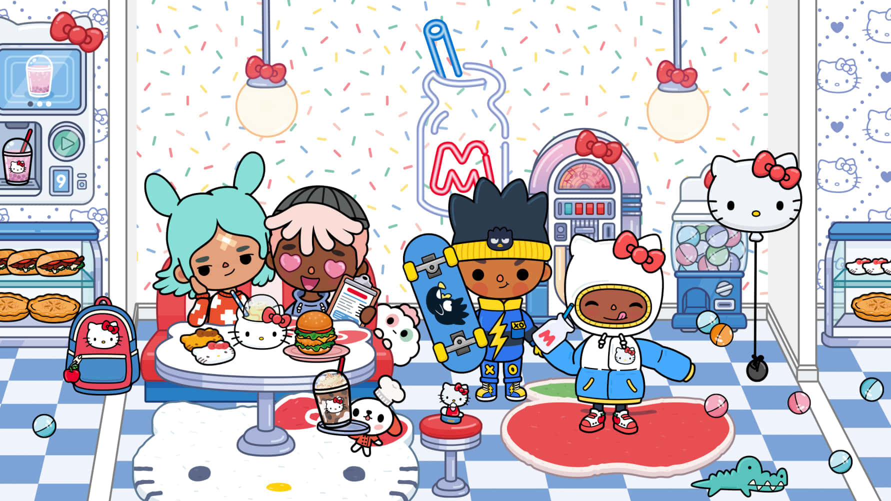 四個卡通小朋友在Hello Kitty主題餐廳吃東西和玩玩具。