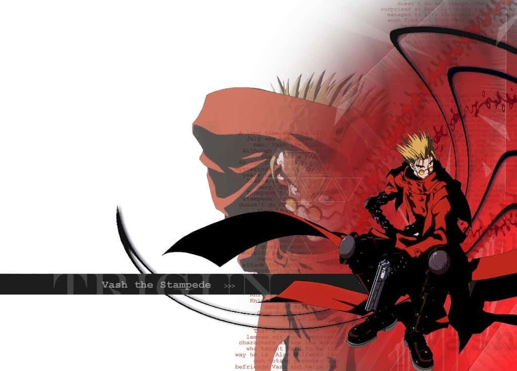 動漫角色 Vash the Stampede 身穿紅色外套，手持劍，站在抽象紅色背景前。
