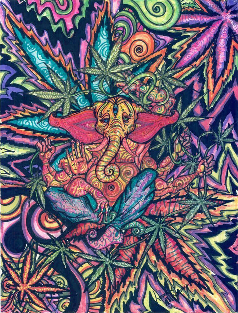 色彩繽紛的迷幻插圖，象頭神被大麻葉和漩渦圖案環繞。