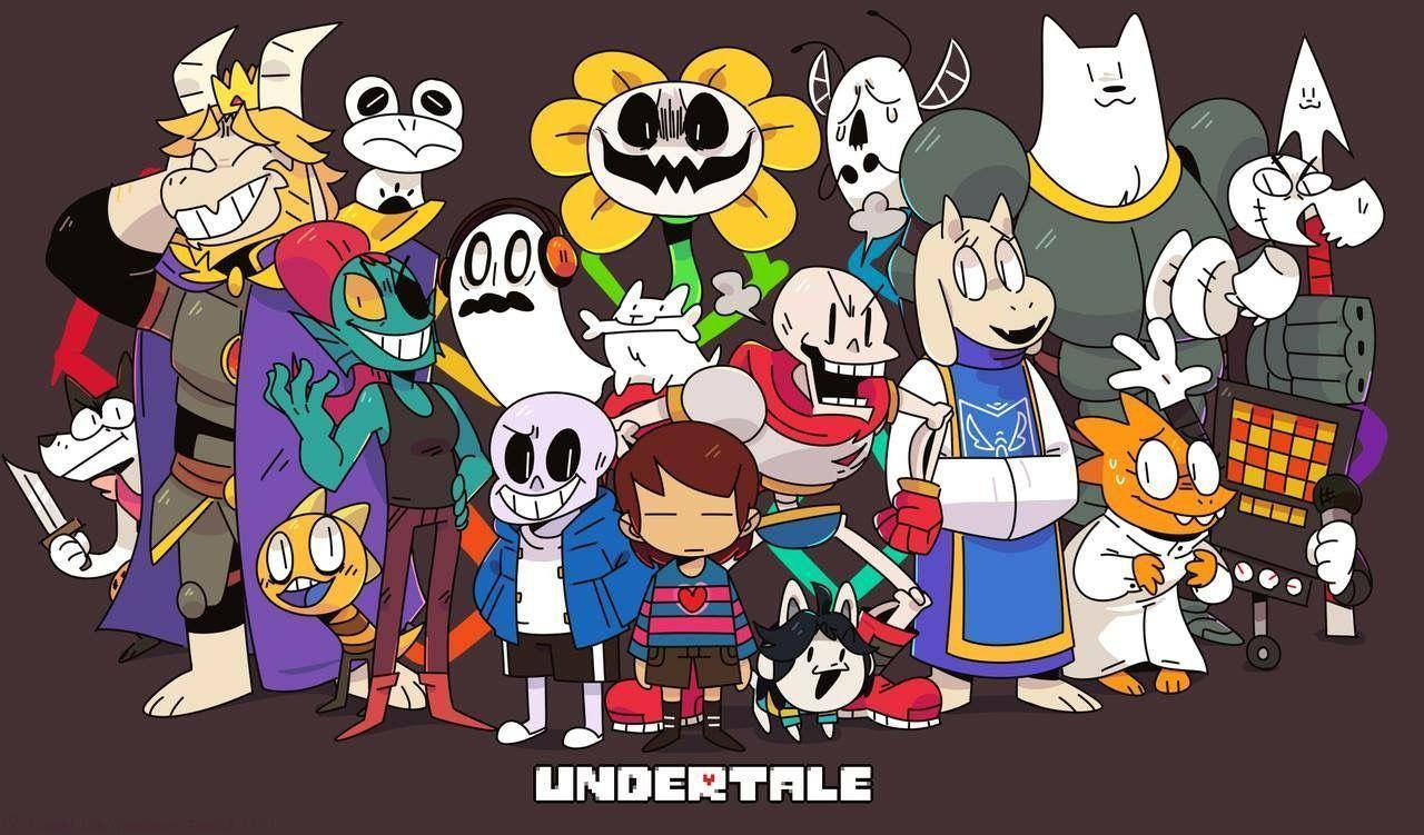 色彩繽紛的卡通群體姿勢中的Undertale角色。