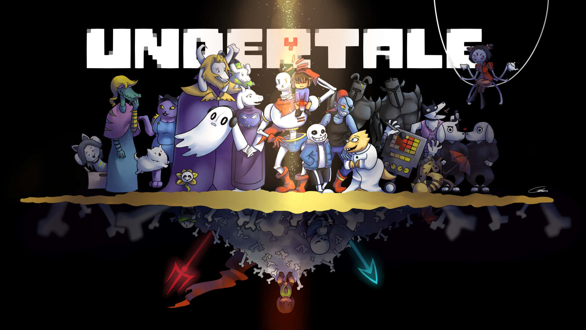 Undertale角色站在金色平台上，下方有發光的箭頭。
