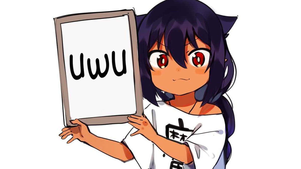 貓耳動漫女孩舉著寫有「UWU」的牌子