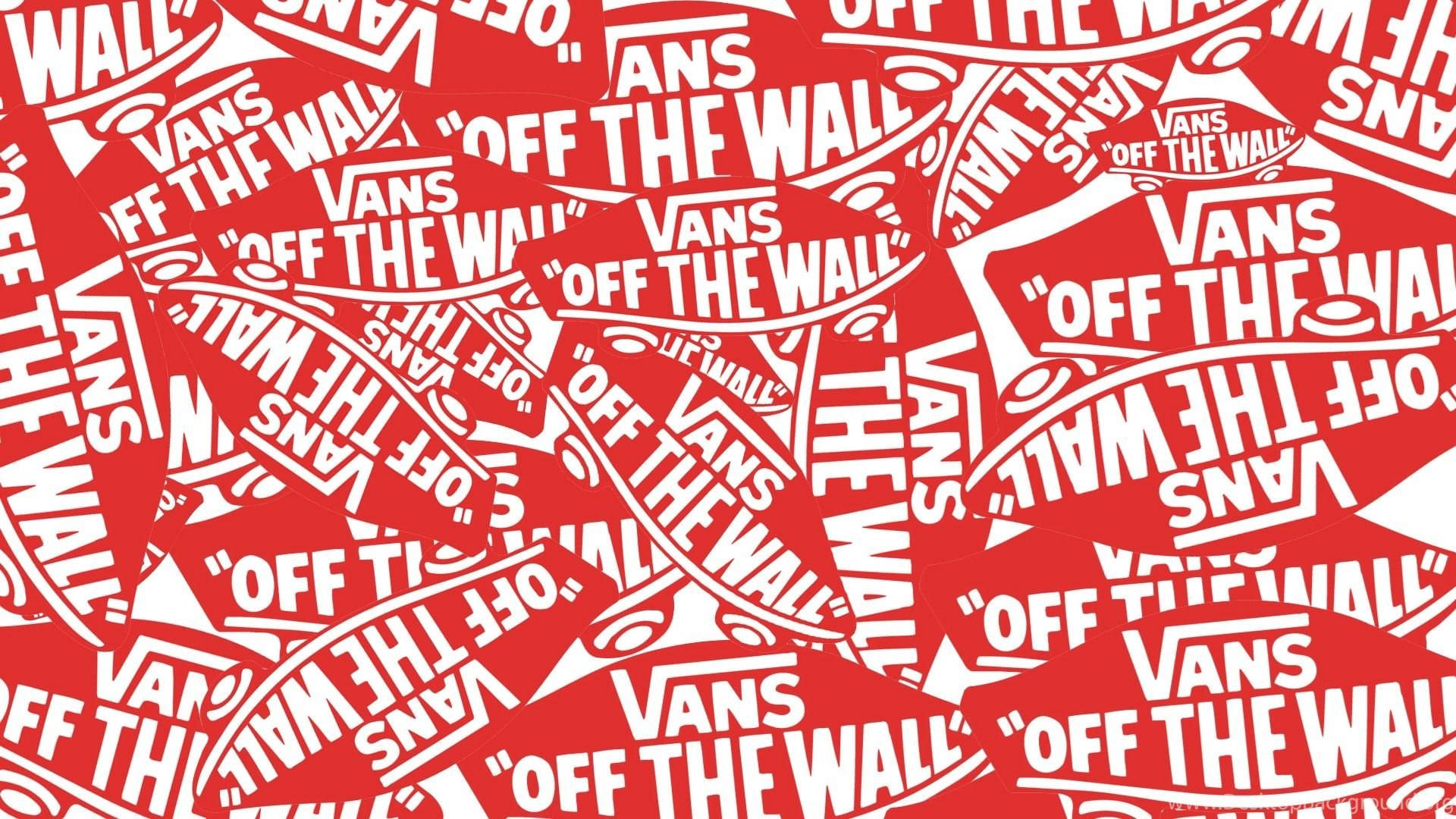 紅色背景上重複出現白色Vans Off The Wall標誌，形成重疊圖案。