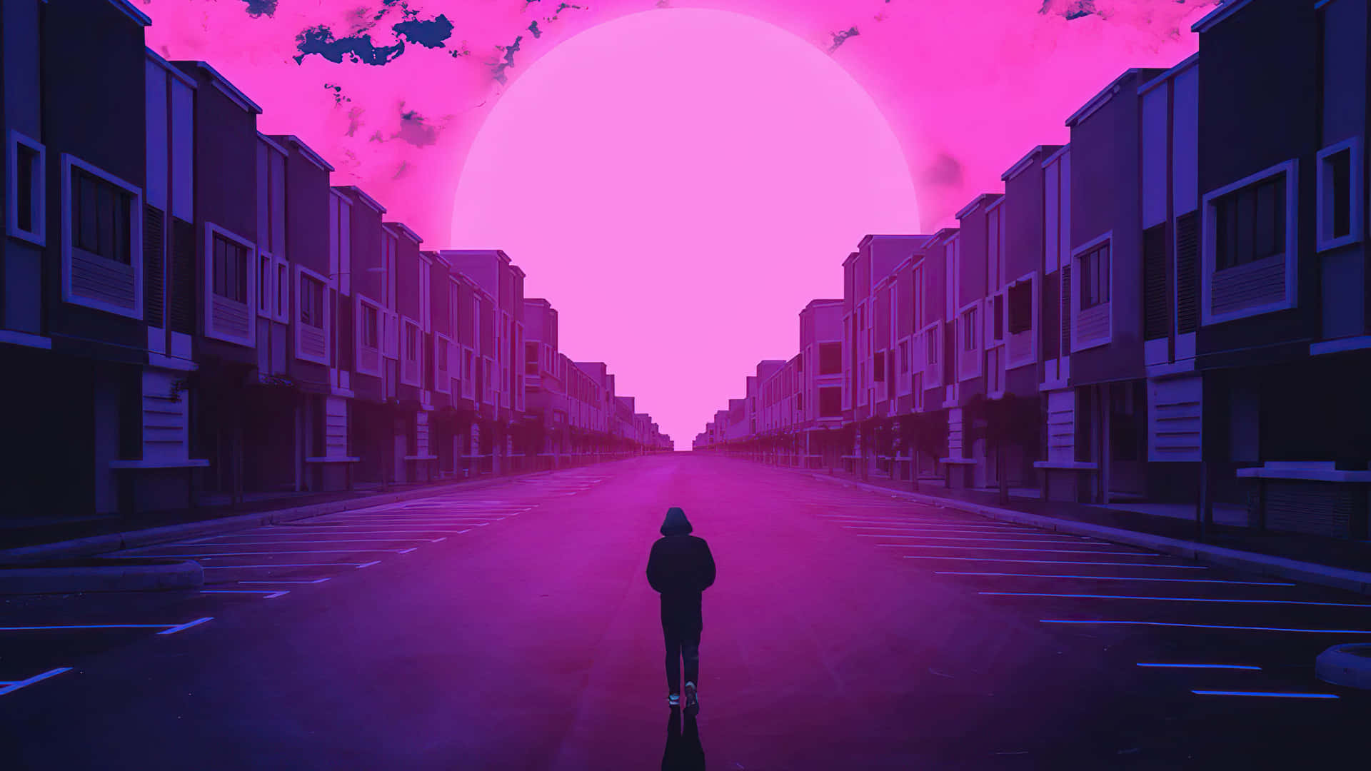 人在空蕩蕩的街道上，在巨大的粉紅色太陽下行走